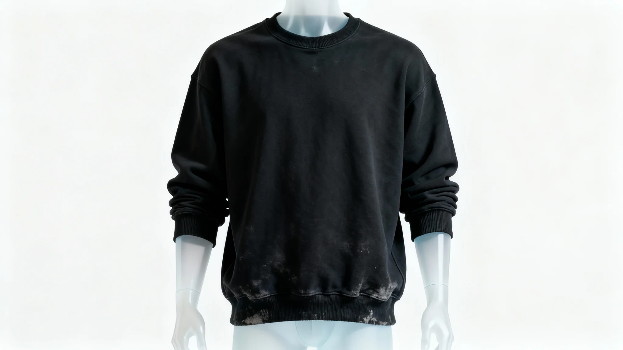 A photorealistic mockup of a plain black crewneck sweatshirt presented in a 3D ghost mannequin style against a solid white background.