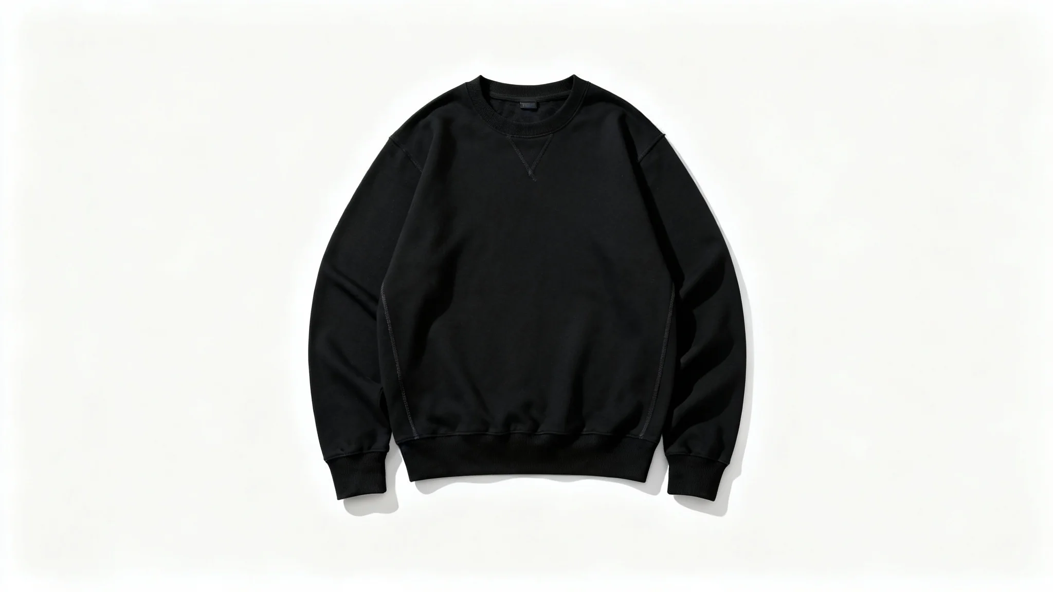 A high-quality mockup of a black crewneck sweatshirt laid flat against a solid white background, shot from above to clearly display its texture and shape.
