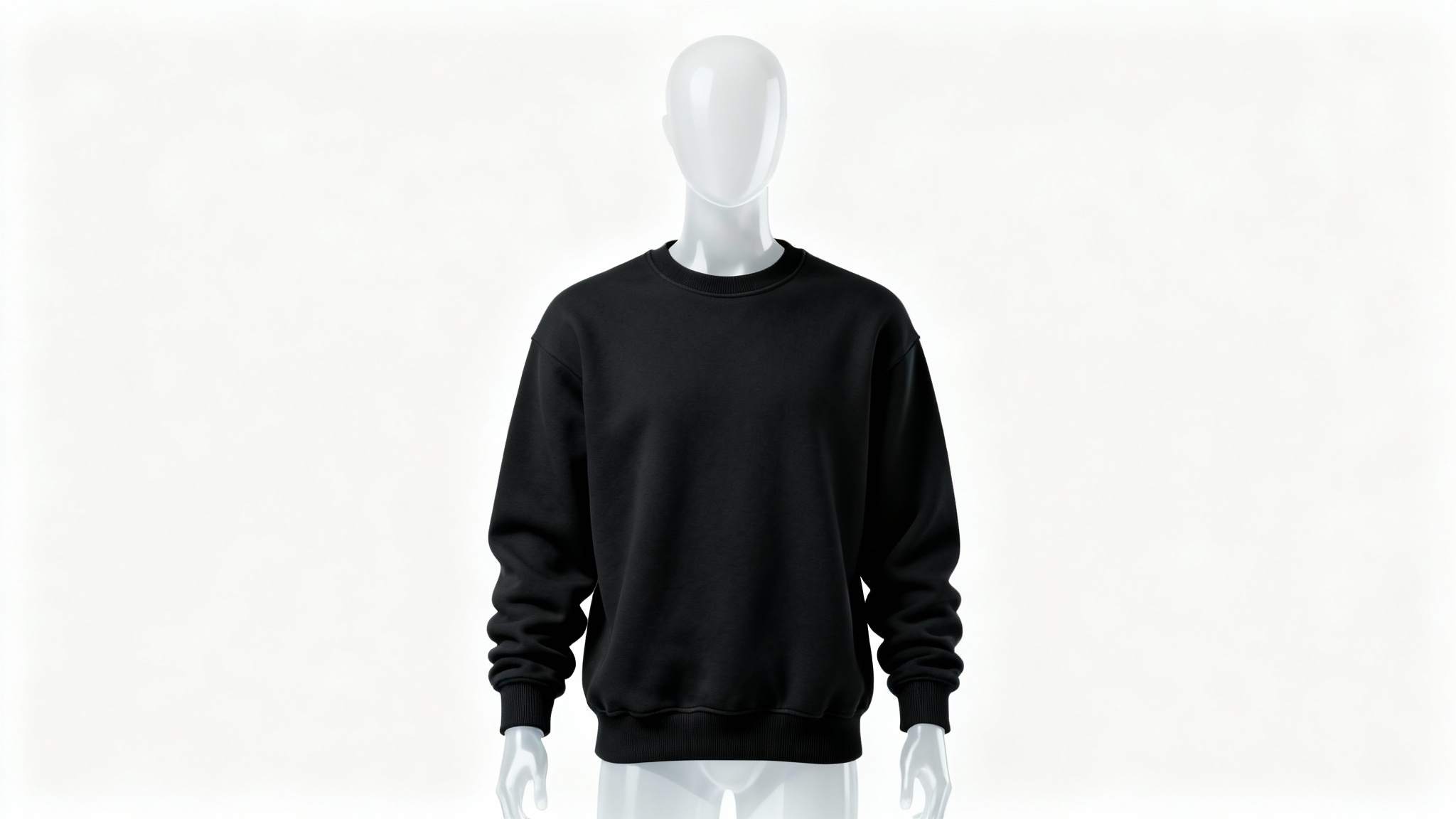 A high-quality, plain black crewneck sweatshirt shown on an invisible mannequin against a stark white background, highlighting its texture and shape.