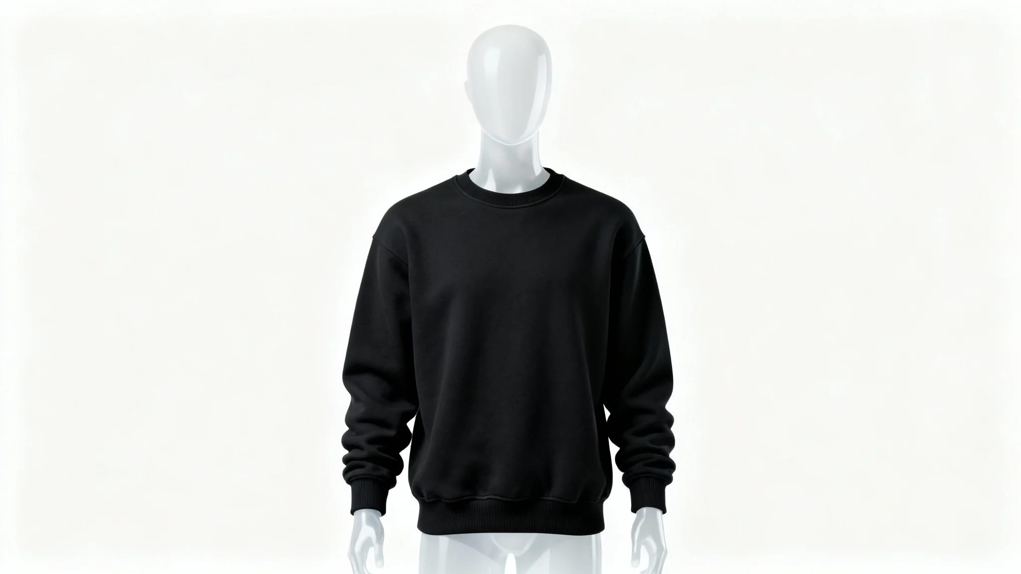 A high-quality, plain black crewneck sweatshirt shown on an invisible mannequin against a stark white background, highlighting its texture and shape.