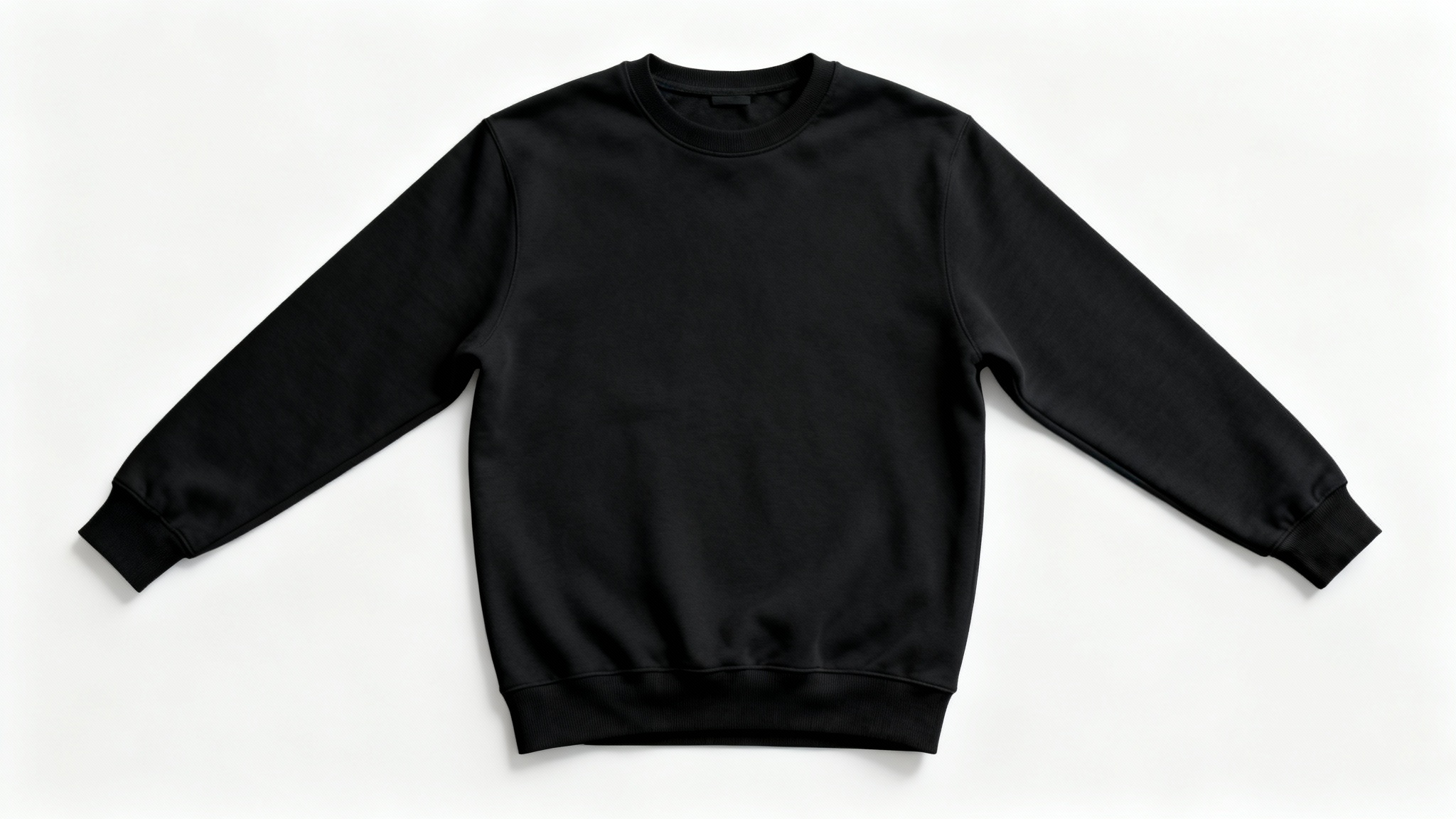 A plain black sweatshirt laid flat against a clean white background, shown in a professional product mockup style.