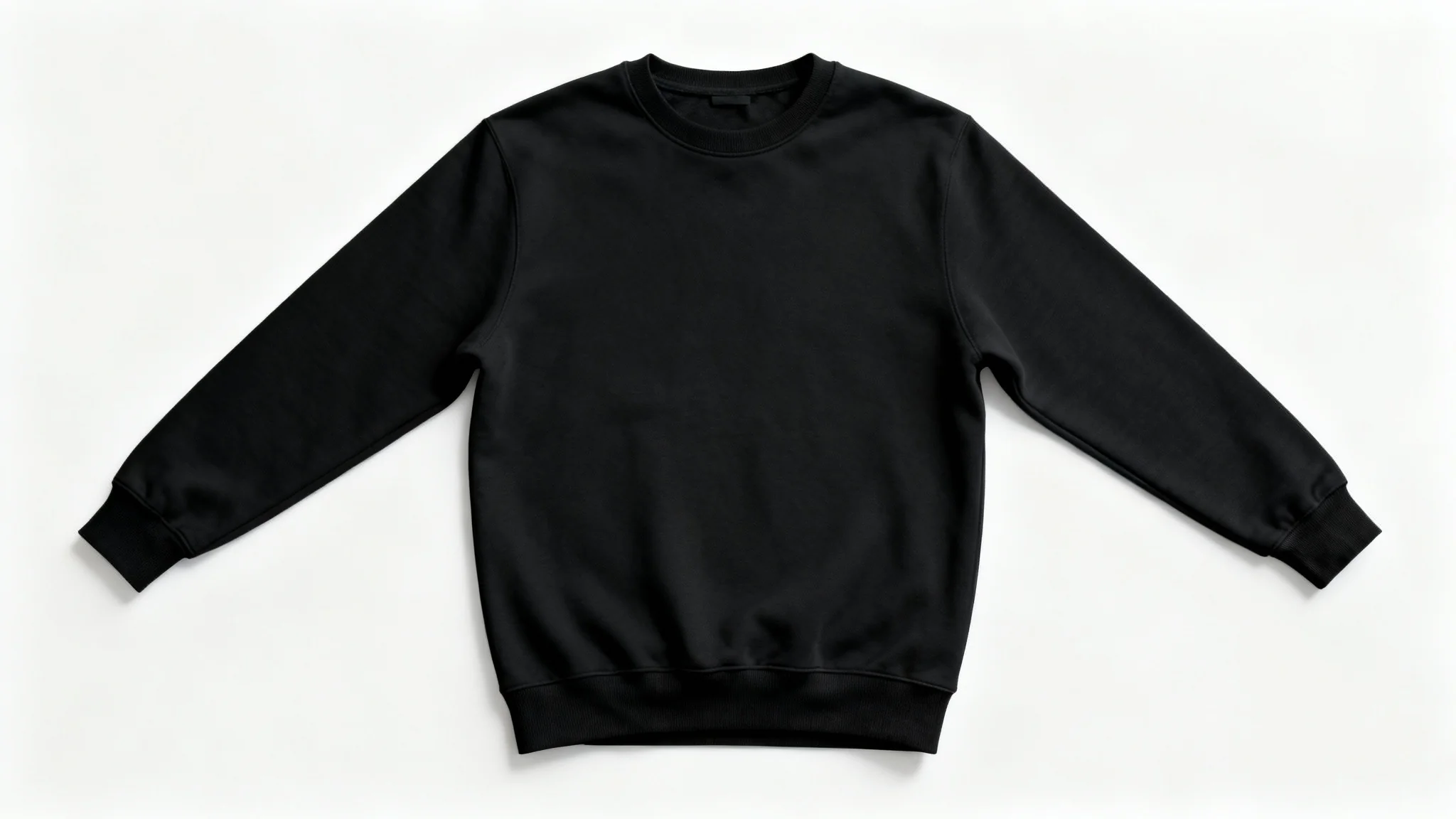 A plain black sweatshirt laid flat against a clean white background, shown in a professional product mockup style.
