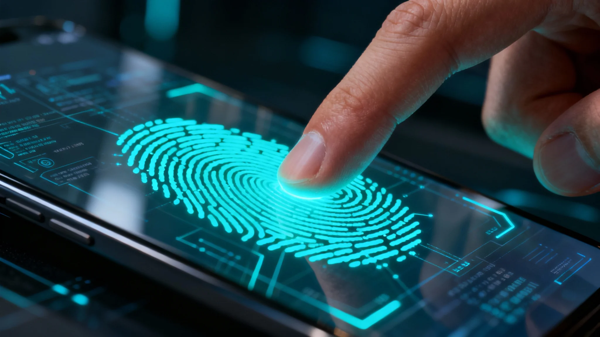 A dramatic close-up of a finger touching a futuristic screen, activating a glowing blue and cyan fingerprint scanner interface.