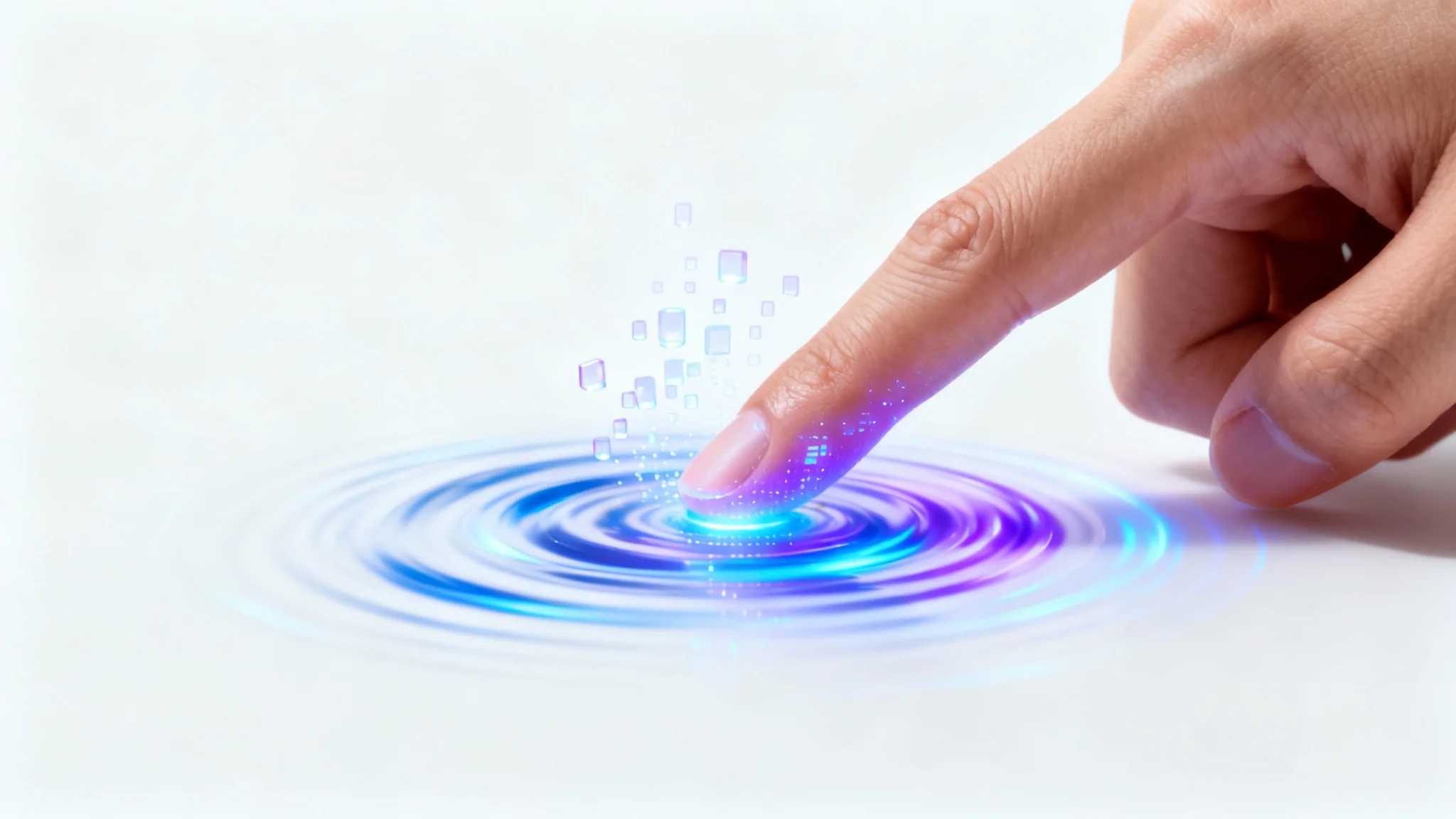 A close-up of a human finger touching a surface, creating a glowing blue and purple digital ripple effect against a white background.