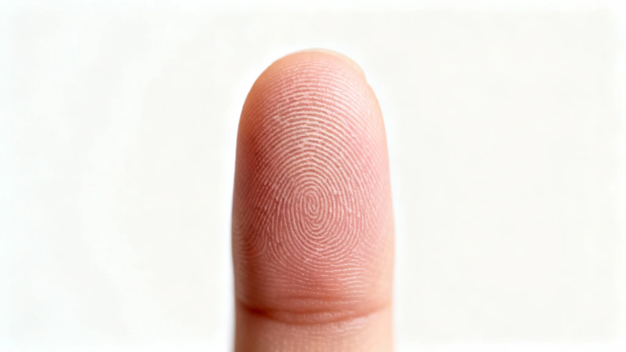 A high-resolution macro photograph of a human index finger, with the detailed pattern of the fingerprint in sharp focus, set against a plain white background.