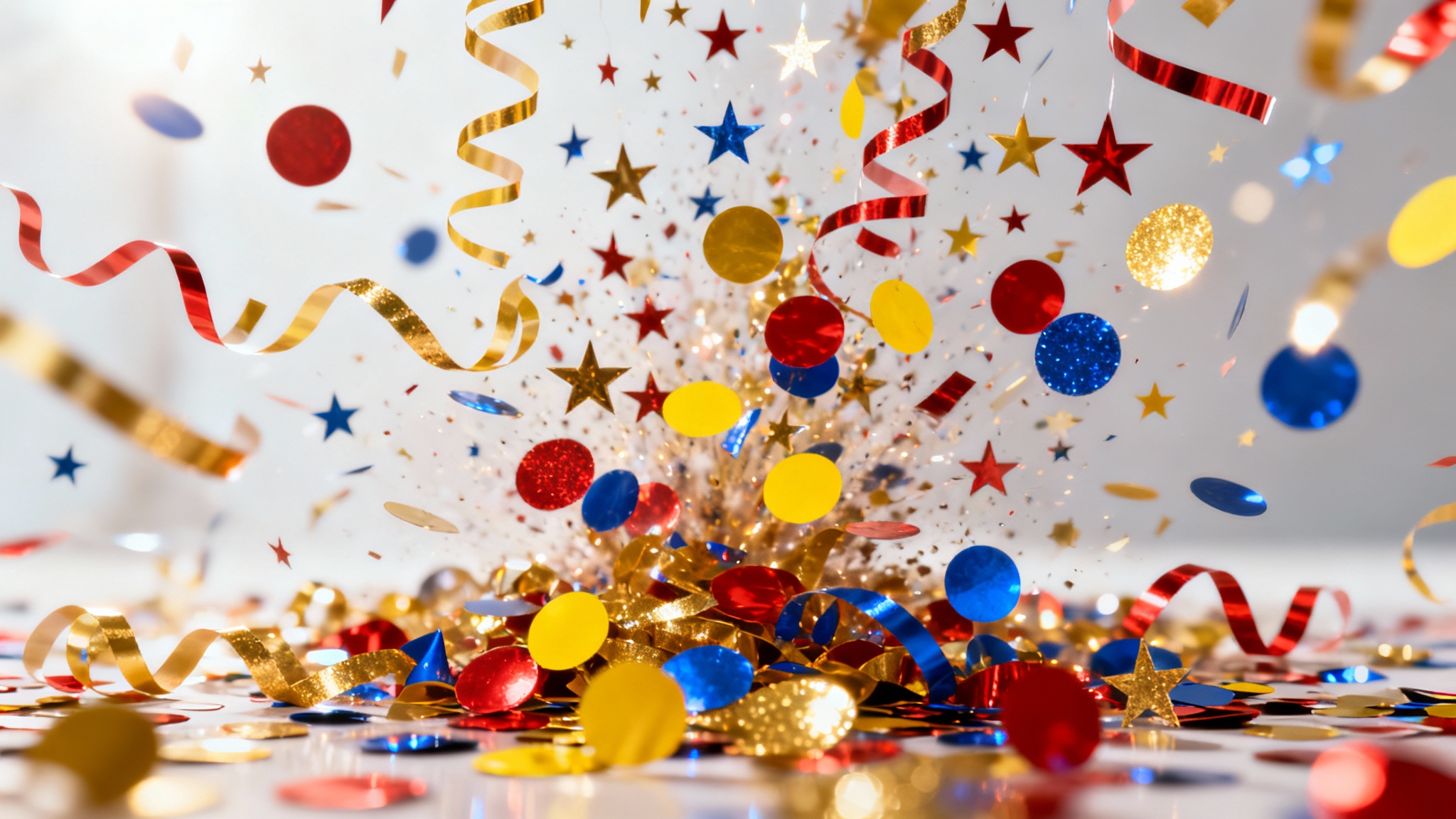 A festive and colorful background featuring an explosion of multi-colored confetti, including circles, stars, and streamers in red, blue, yellow, and gold, perfect for a party.