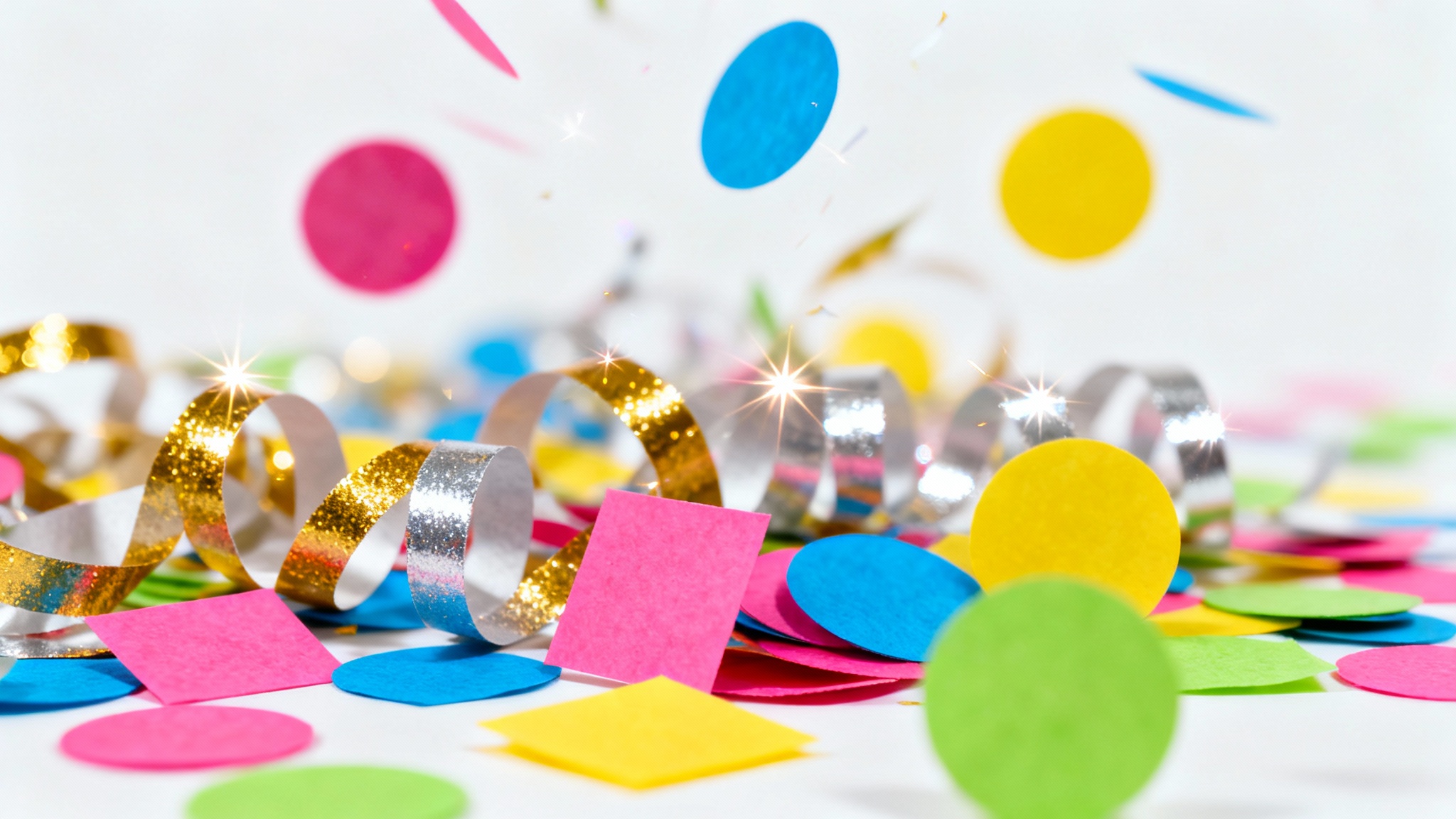 A vibrant explosion of colorful metallic and paper confetti frozen in mid-air against a clean white background, creating a festive and celebratory scene.