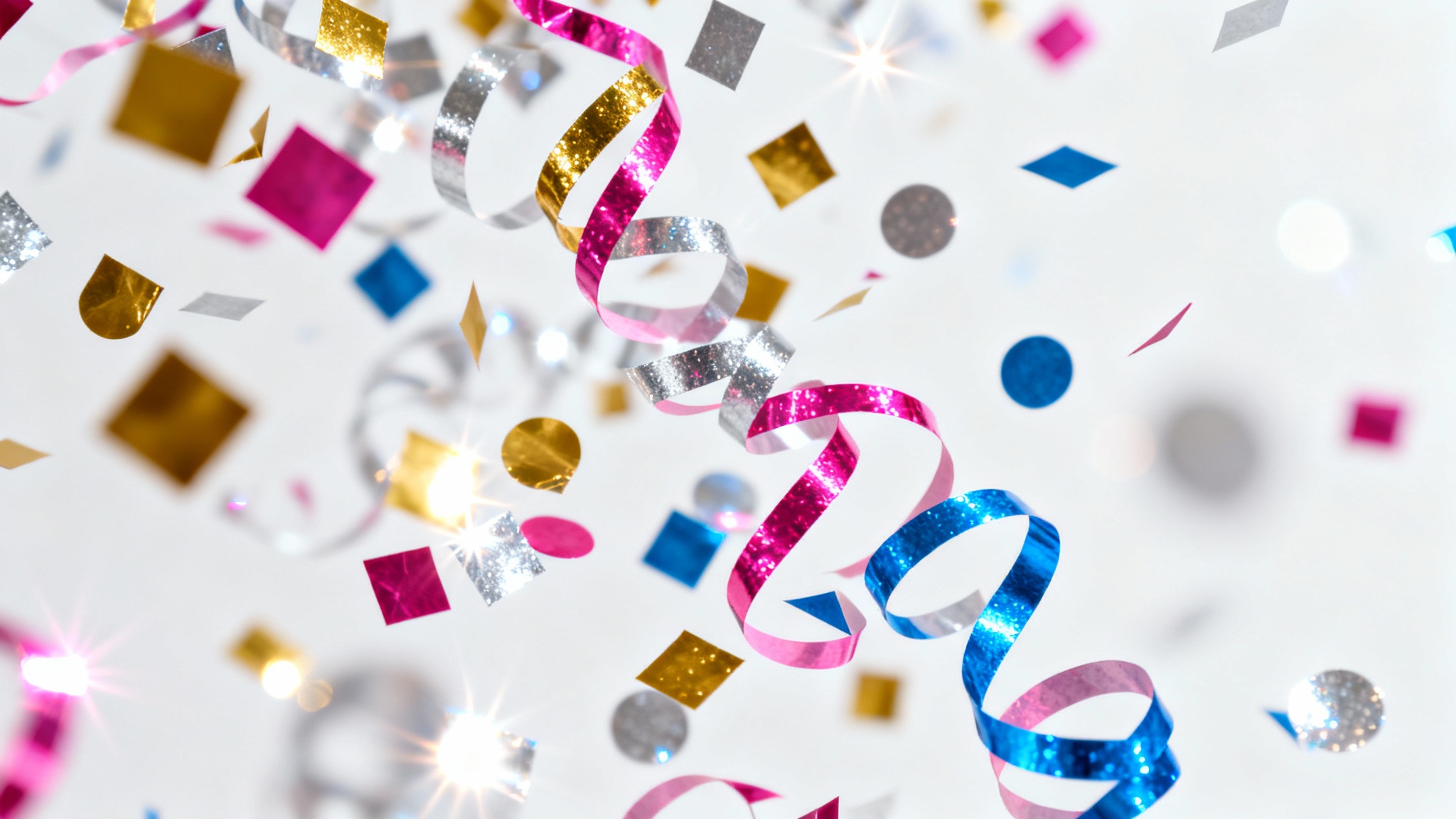 A vibrant explosion of multi-colored confetti, including gold and silver, falling against a clean white background.