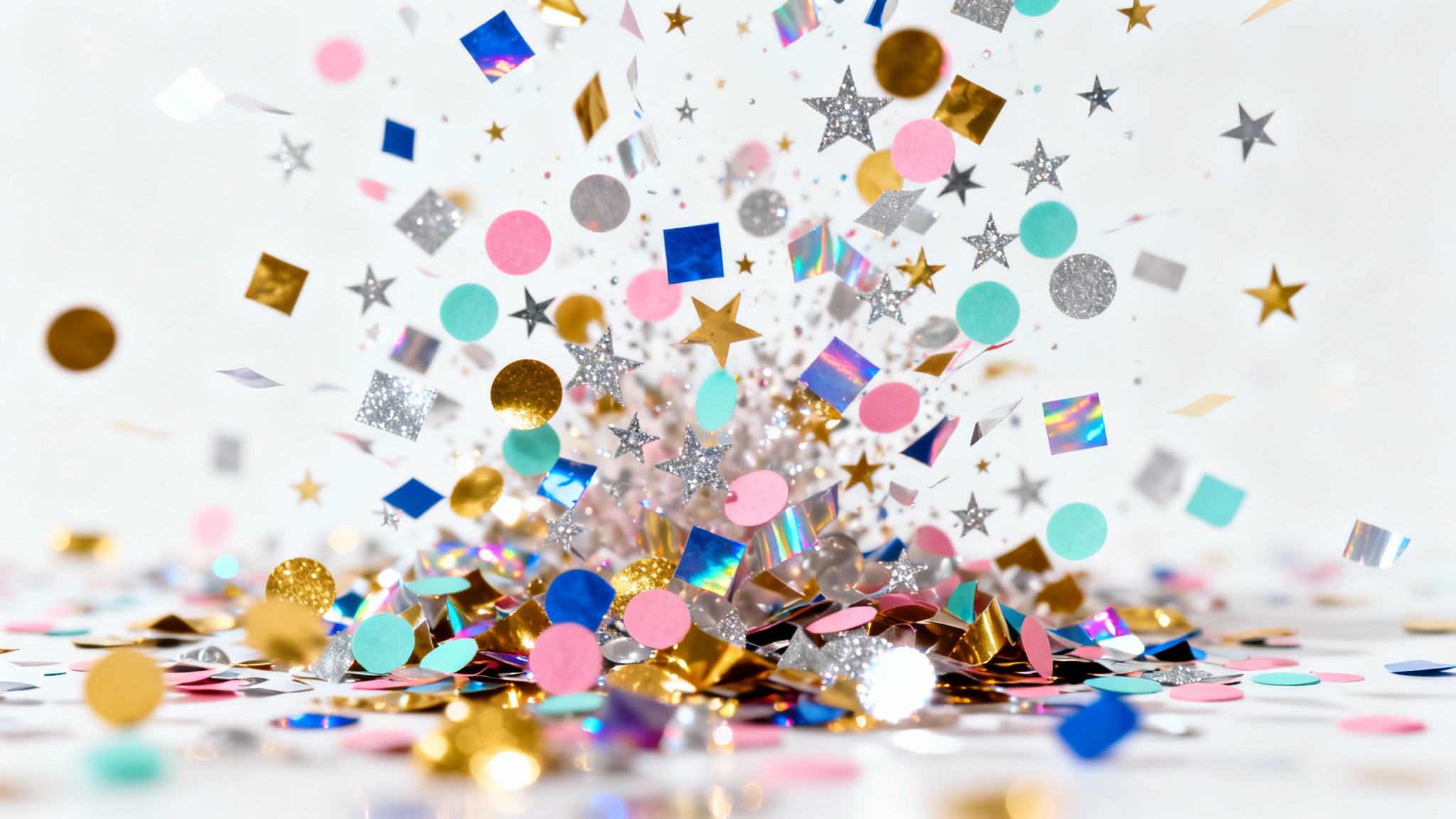 A dynamic and festive background of colorful party confetti, including gold, silver, and pastels, appearing to fall against a clean white backdrop.