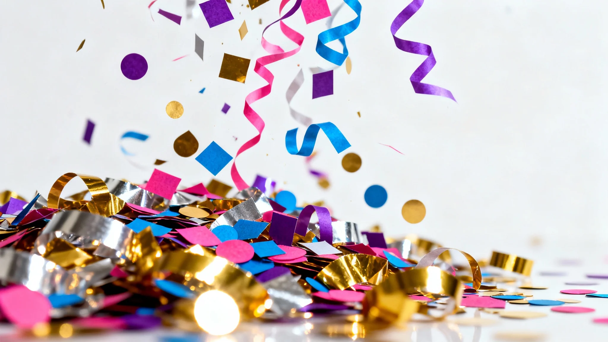 A vibrant shower of multi-colored and metallic confetti falling against a clean white background, creating a festive party atmosphere.