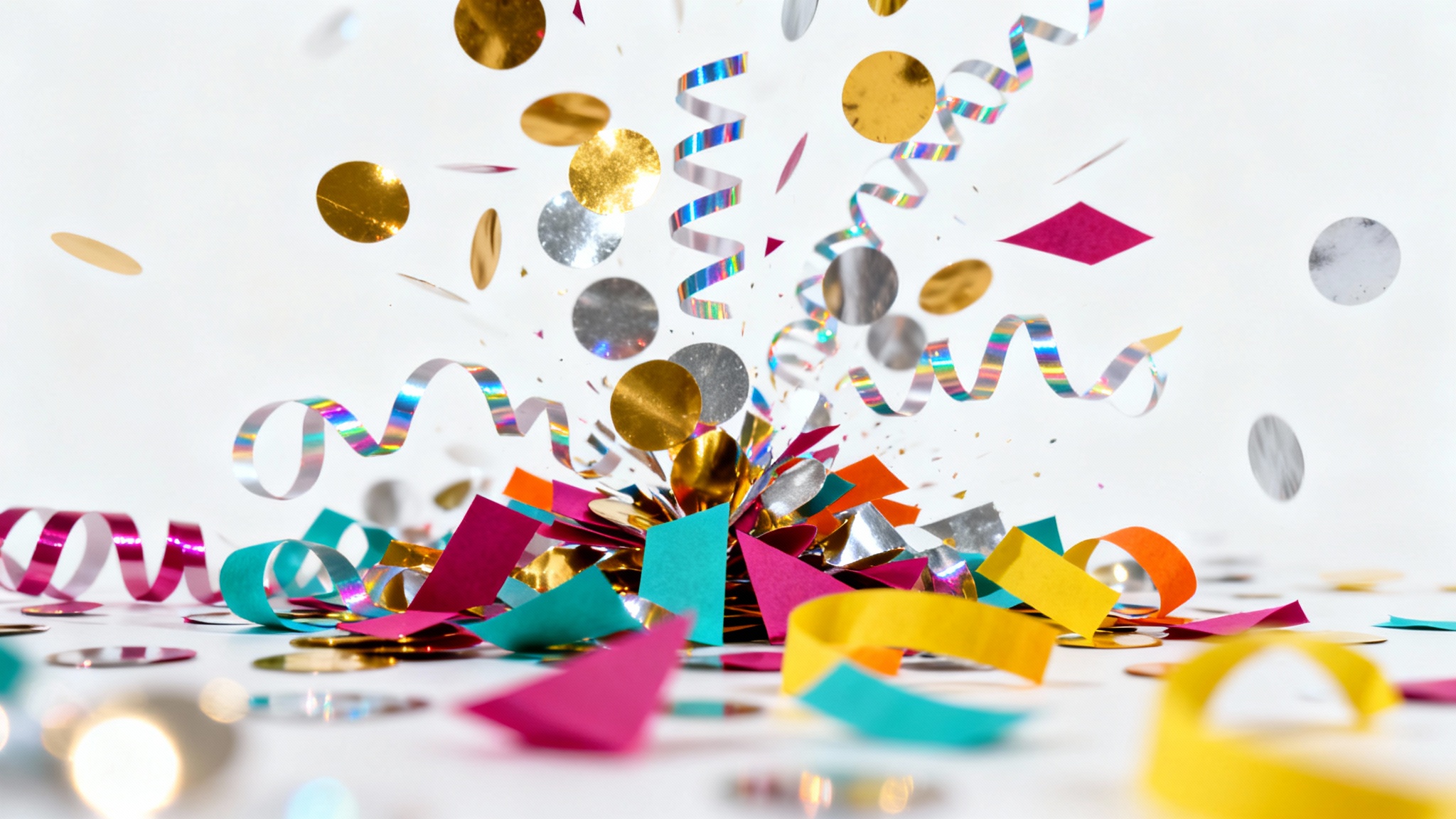 A festive, high-resolution image of multi-colored party confetti, including metallic gold and silver pieces, frozen in mid-air against a clean white background.