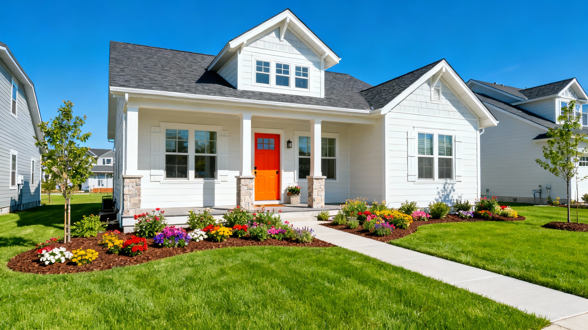 A beautiful suburban home with perfect curb appeal on a sunny day, featuring a lush green lawn, colorful flower beds, and a welcoming front porch.