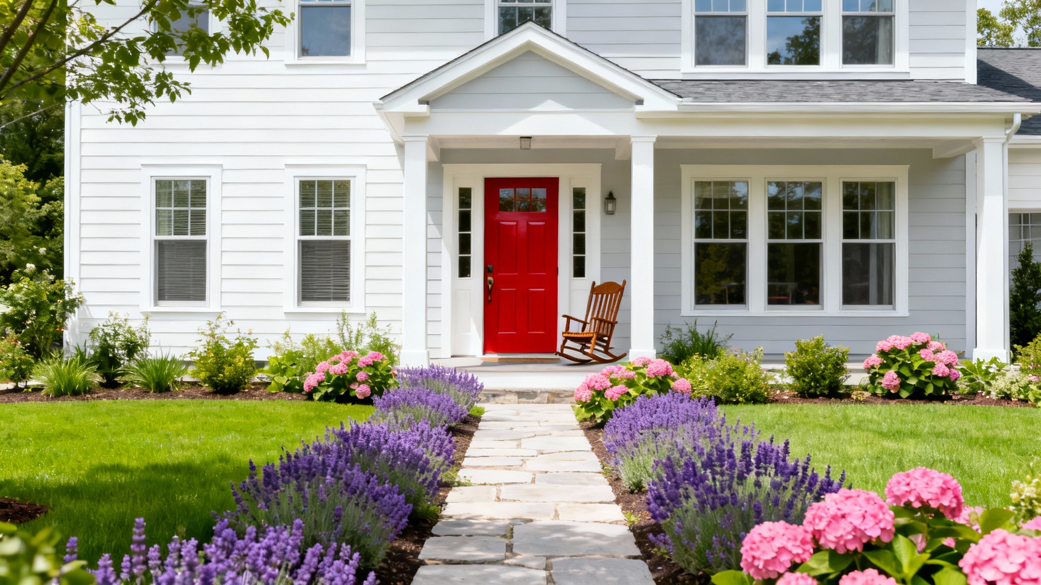 An idyllic two-story home with perfect curb appeal, featuring a manicured lawn, colorful gardens, and a bright red door, shown against a white background.