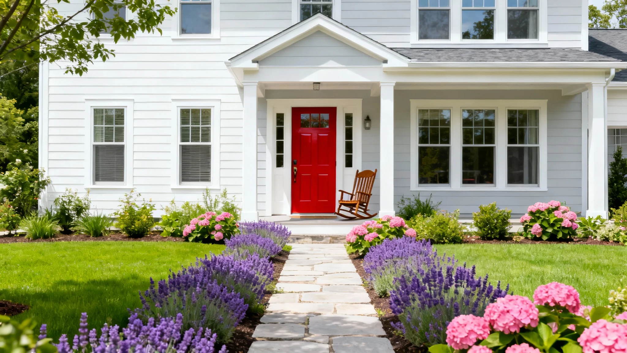 An idyllic two-story home with perfect curb appeal, featuring a manicured lawn, colorful gardens, and a bright red door, shown against a white background.