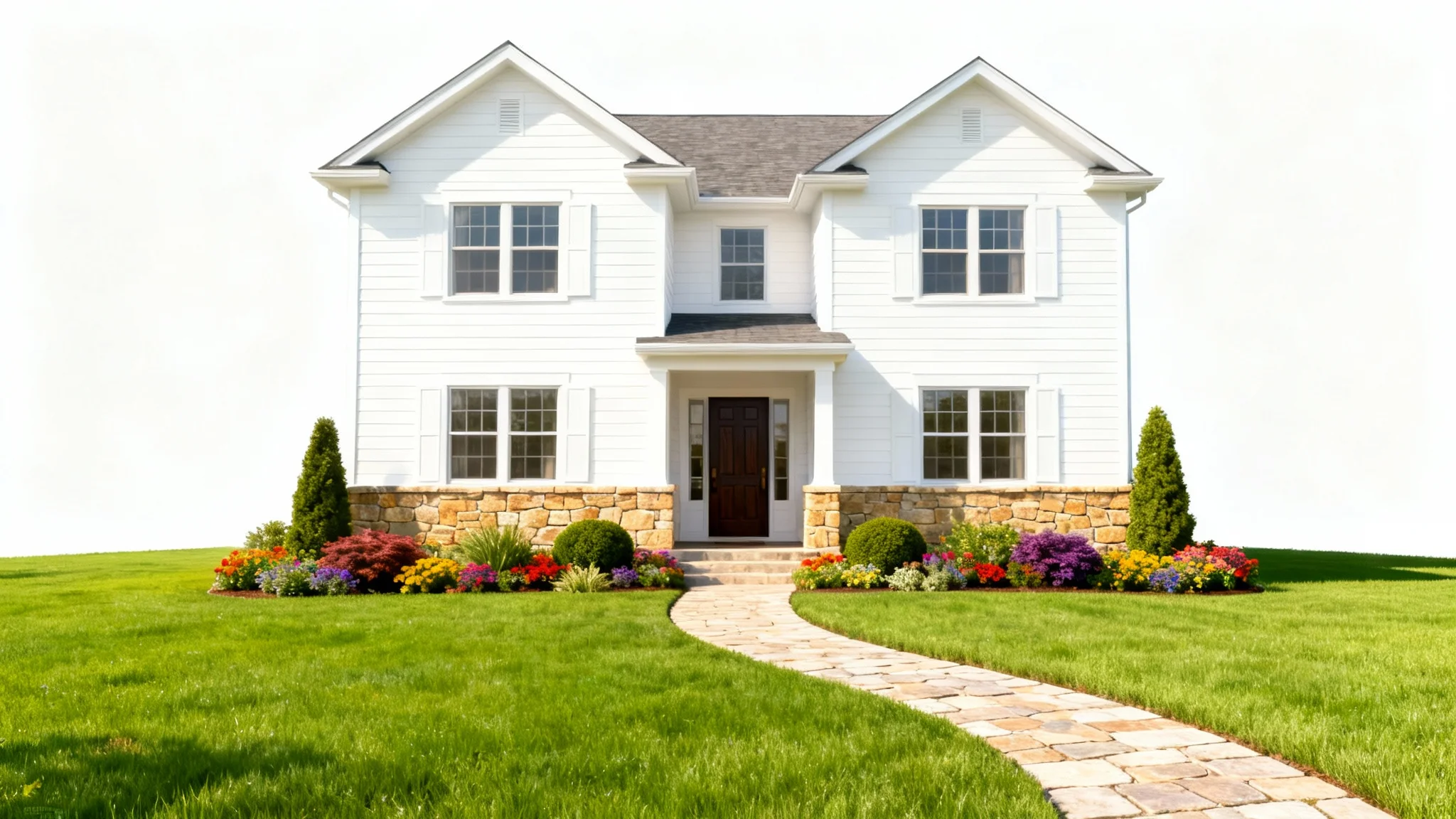A photorealistic image of a modern two-story house with excellent curb appeal, featuring a perfect green lawn, vibrant flower beds, and a clean, inviting facade, all set against a plain white background.