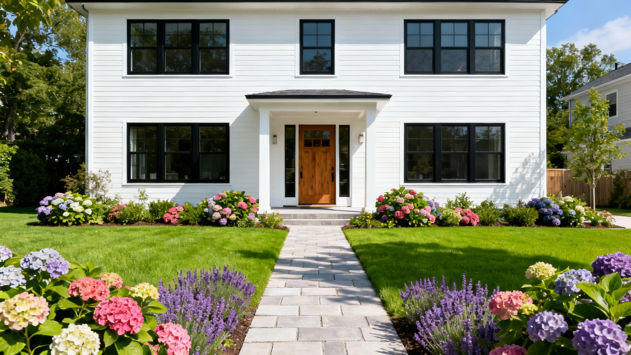 A photograph of a modern two-story house with excellent curb appeal, featuring a perfect green lawn, colorful flower beds, and a stone walkway, all set against a plain white background.