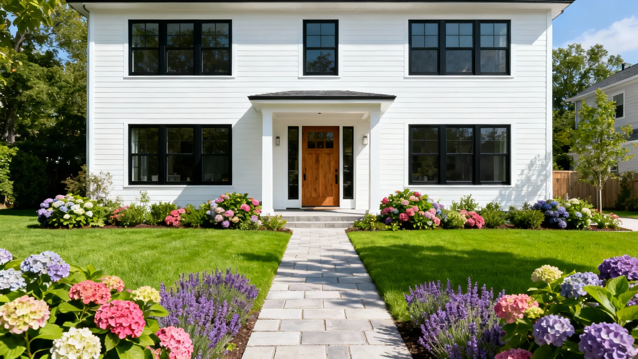 A photograph of a modern two-story house with excellent curb appeal, featuring a perfect green lawn, colorful flower beds, and a stone walkway, all set against a plain white background.