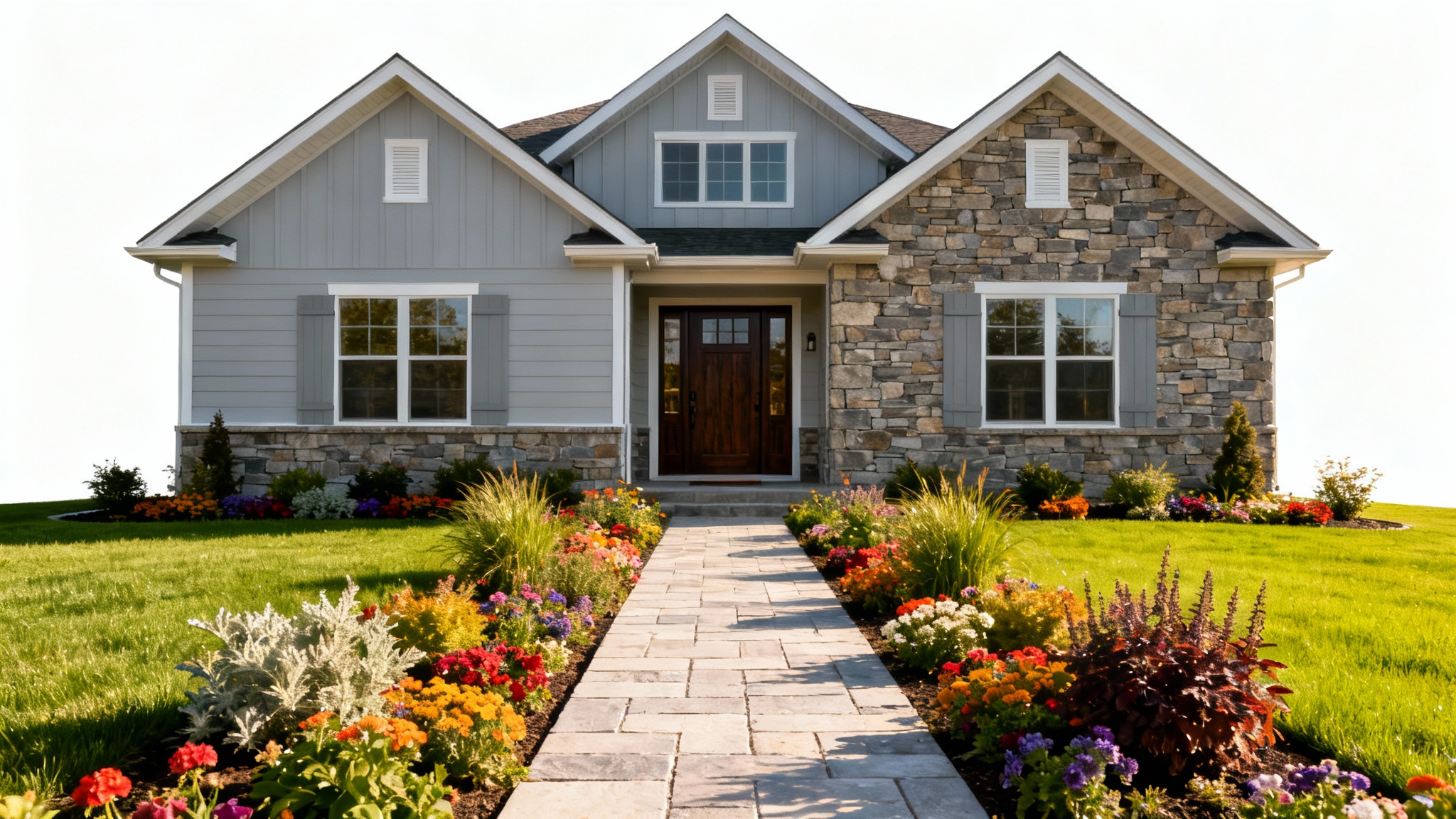 A photorealistic image of a modern house with excellent curb appeal, featuring a manicured lawn, colorful flowerbeds, and a welcoming entrance, all set against a clean white background.
