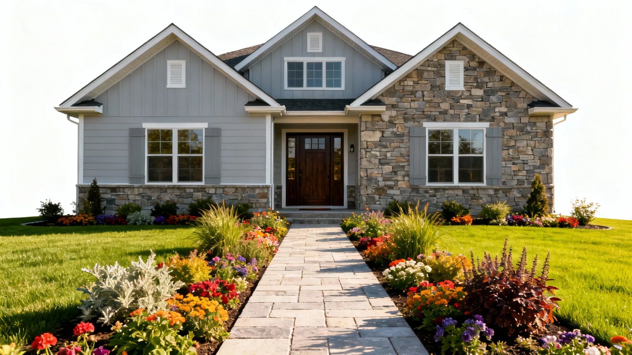 A photorealistic image of a modern house with excellent curb appeal, featuring a manicured lawn, colorful flowerbeds, and a welcoming entrance, all set against a clean white background.