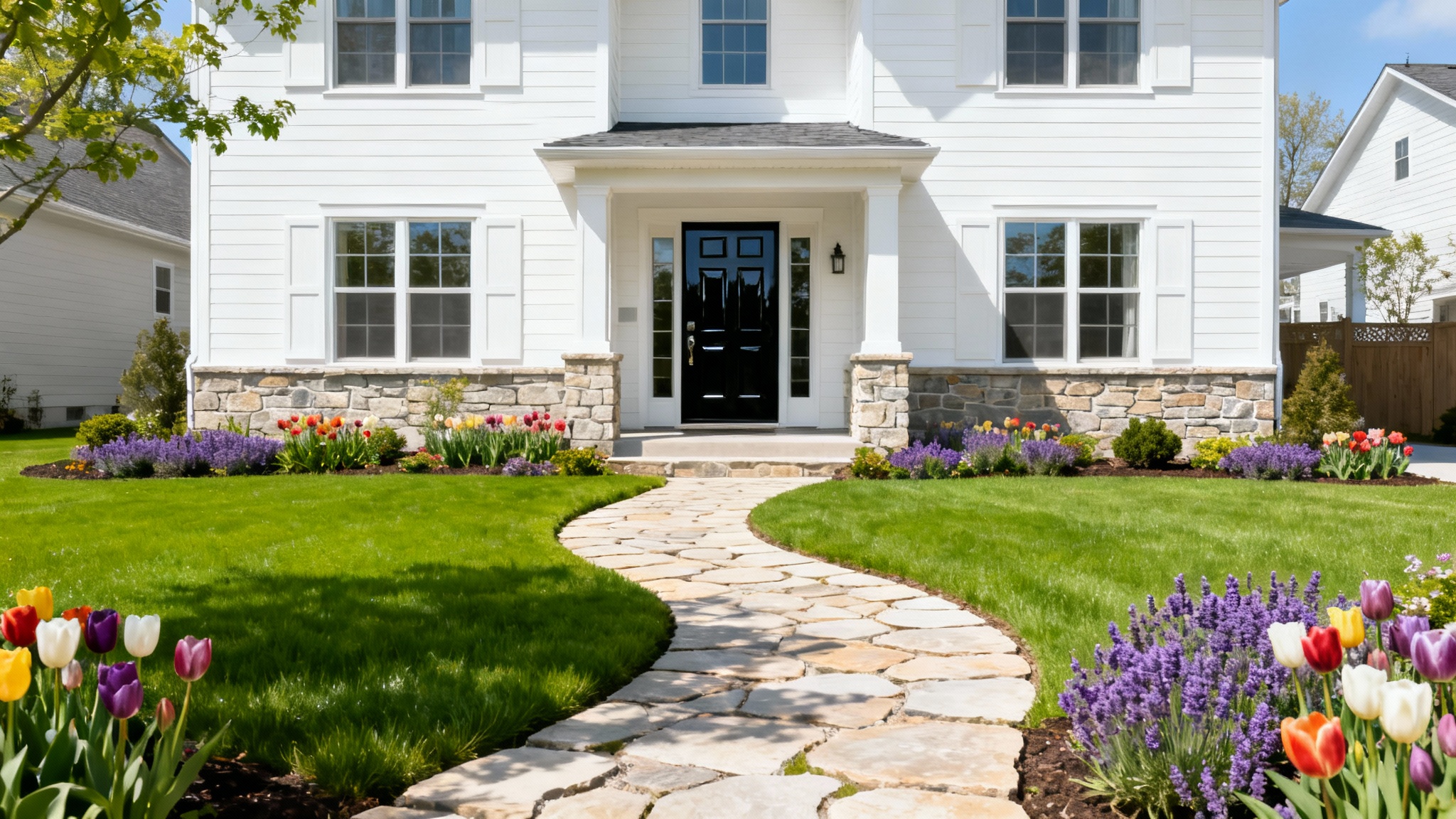 A beautiful modern suburban house with a perfectly manicured lawn, colorful flower beds, and a stone walkway, demonstrating excellent curb appeal on a white background.