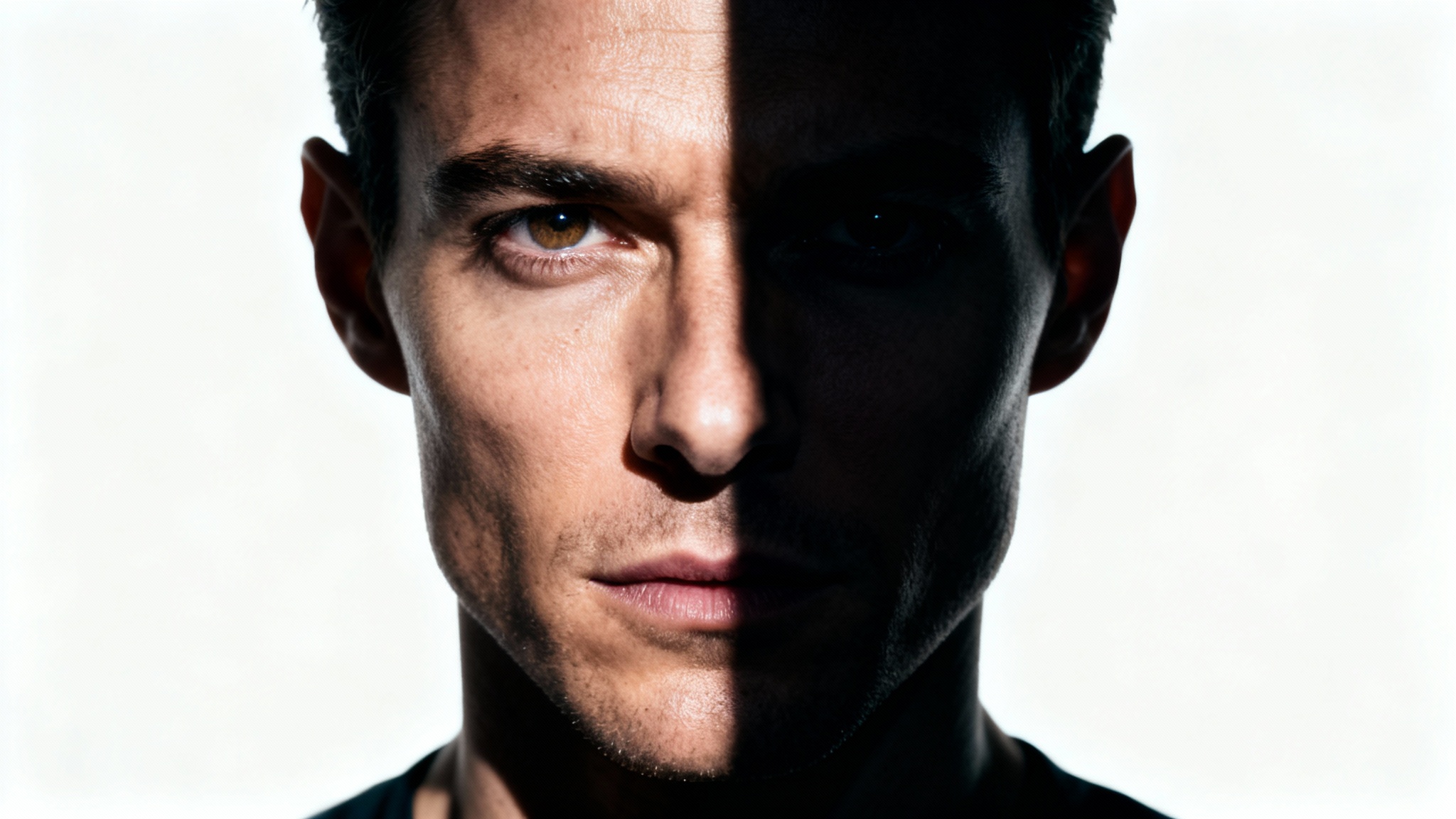 A high-contrast portrait demonstrating split lighting, where exactly half of a person's face is lit and the other is in shadow, set against a plain white background.