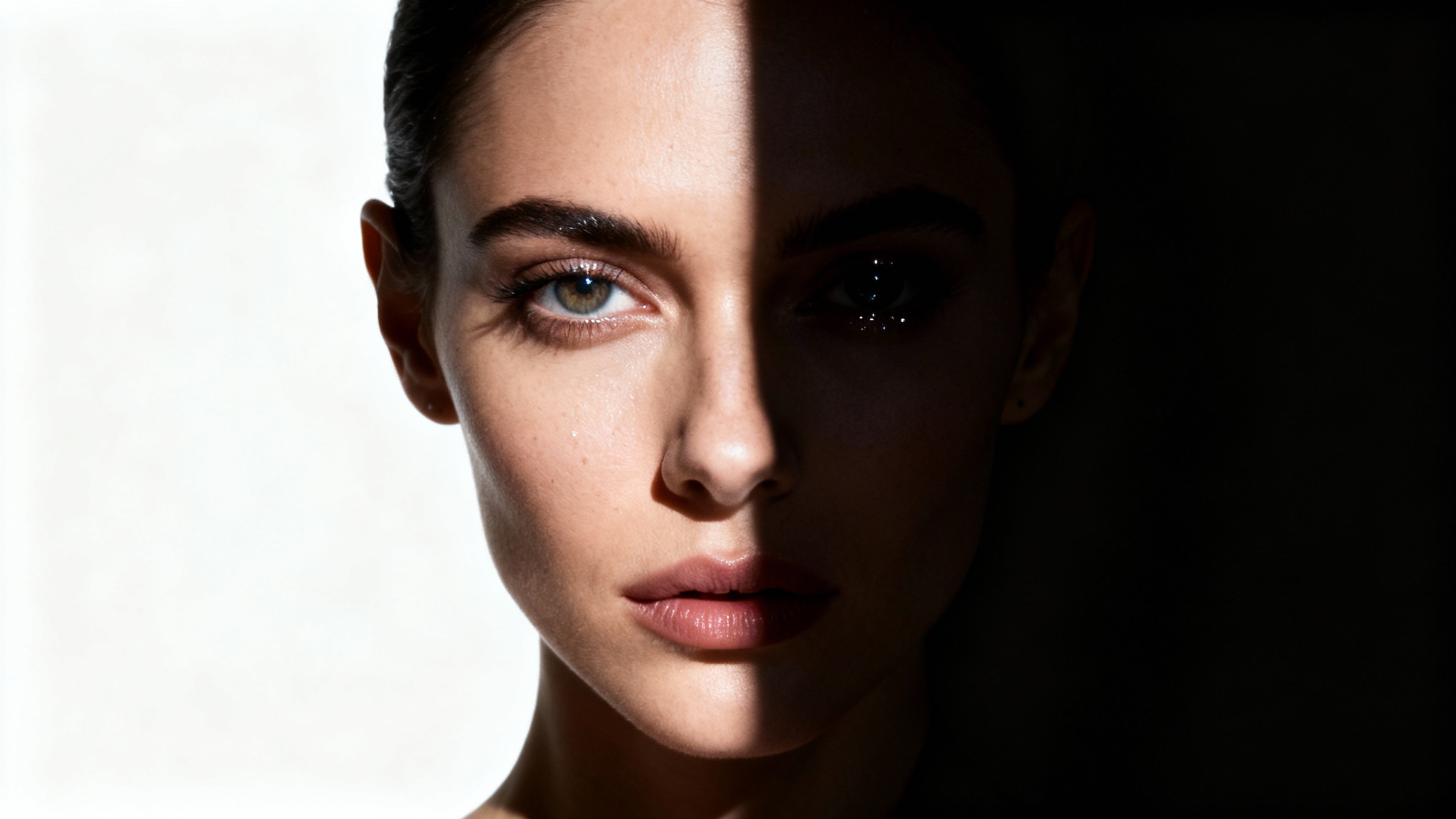 A dramatic close-up portrait of a woman demonstrating the split lighting technique. Half of her face is brightly illuminated while the other half is in shadow, set against a plain white background.
