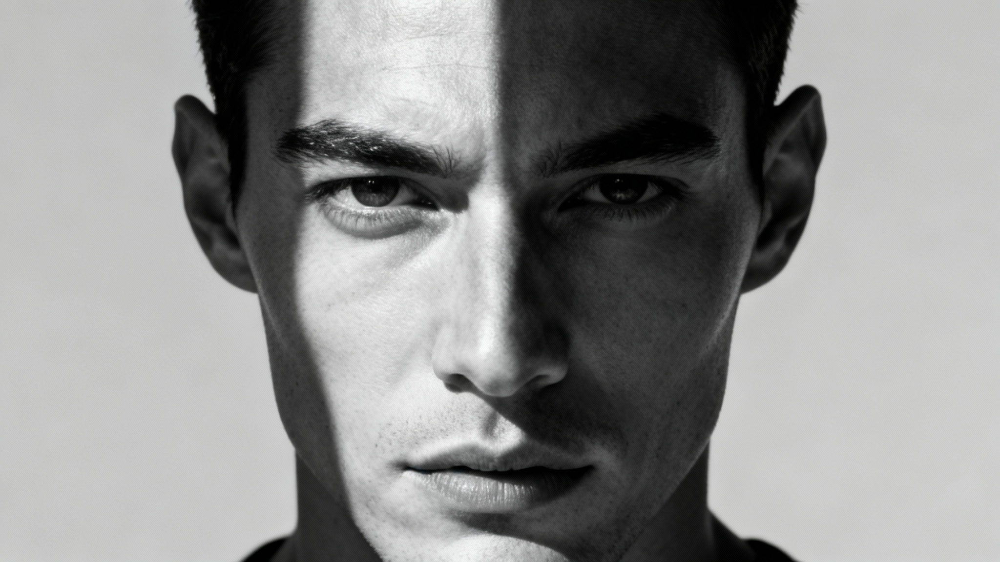 A dramatic studio portrait of a man demonstrating the split lighting technique, where one half of his face is brightly illuminated and the other is in deep shadow, set against a plain background.