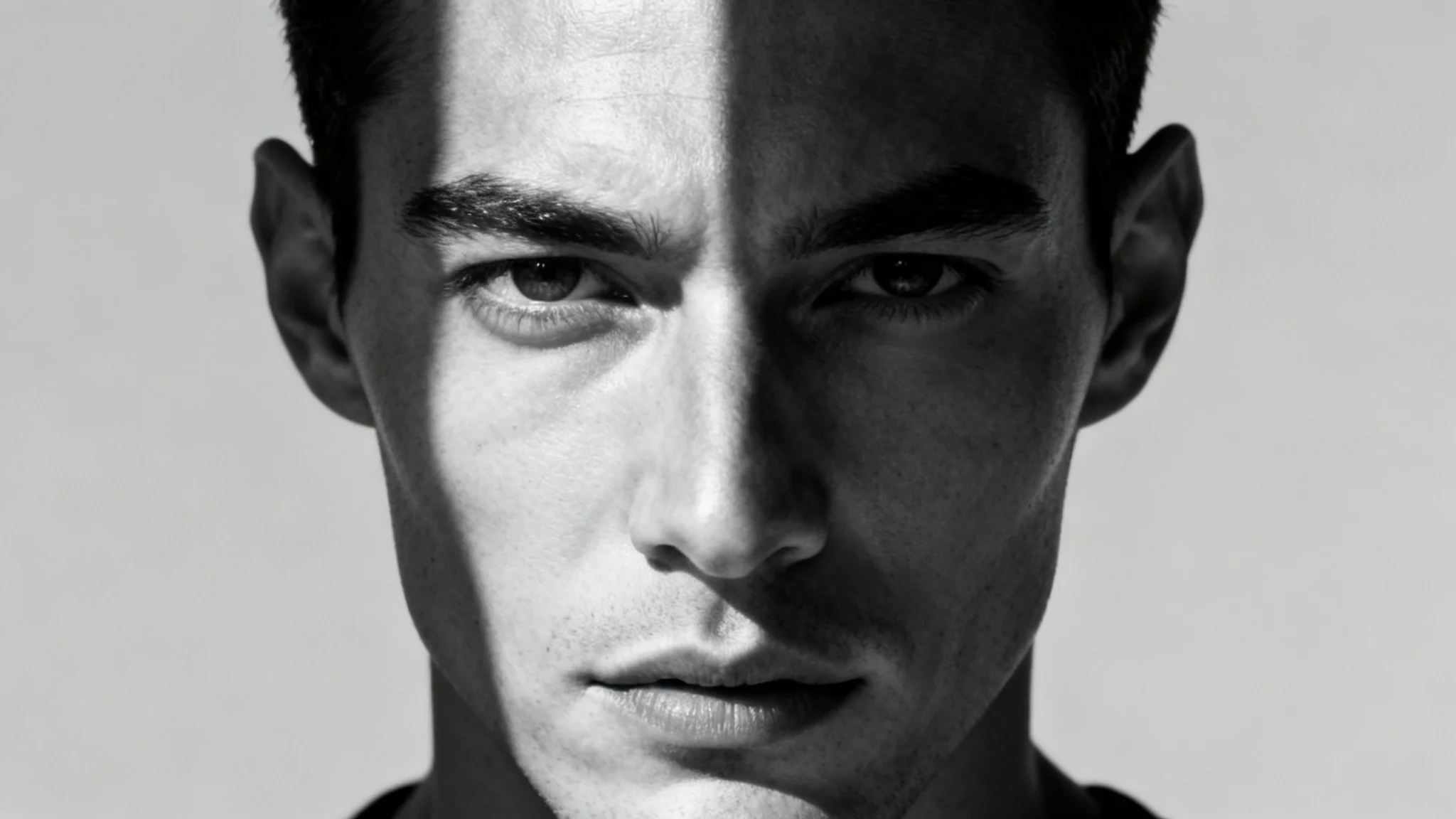 A dramatic studio portrait of a man demonstrating the split lighting technique, where one half of his face is brightly illuminated and the other is in deep shadow, set against a plain background.