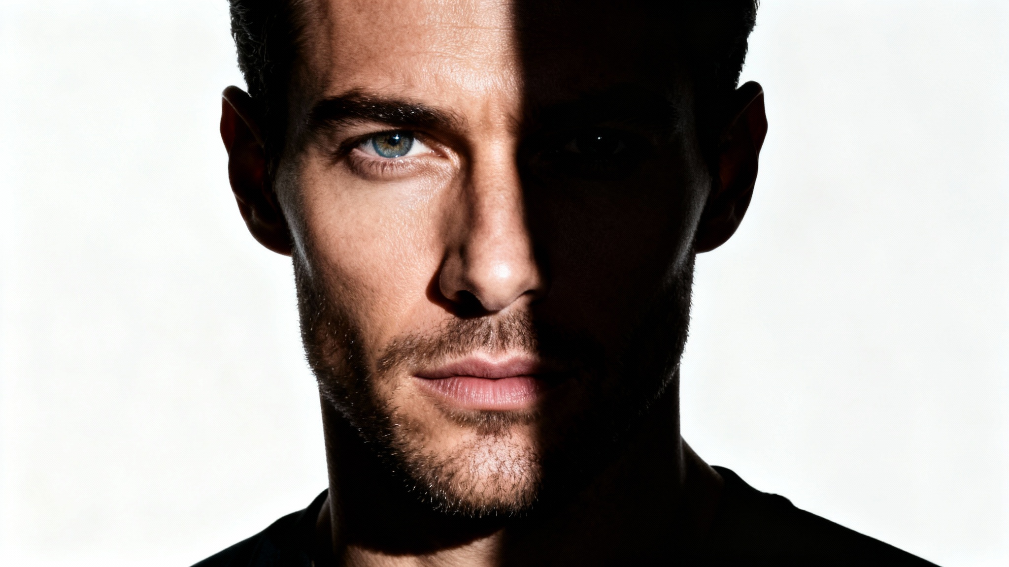 A close-up portrait of a man demonstrating split lighting, where one side of his face is brightly lit and the other is in shadow, against a clean white background.