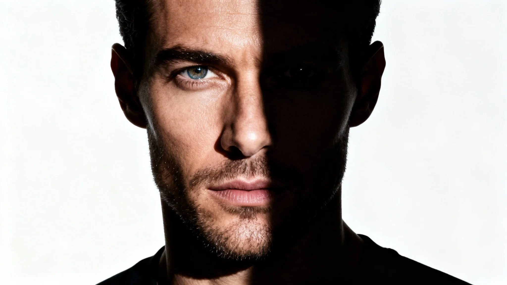 A close-up portrait of a man demonstrating split lighting, where one side of his face is brightly lit and the other is in shadow, against a clean white background.