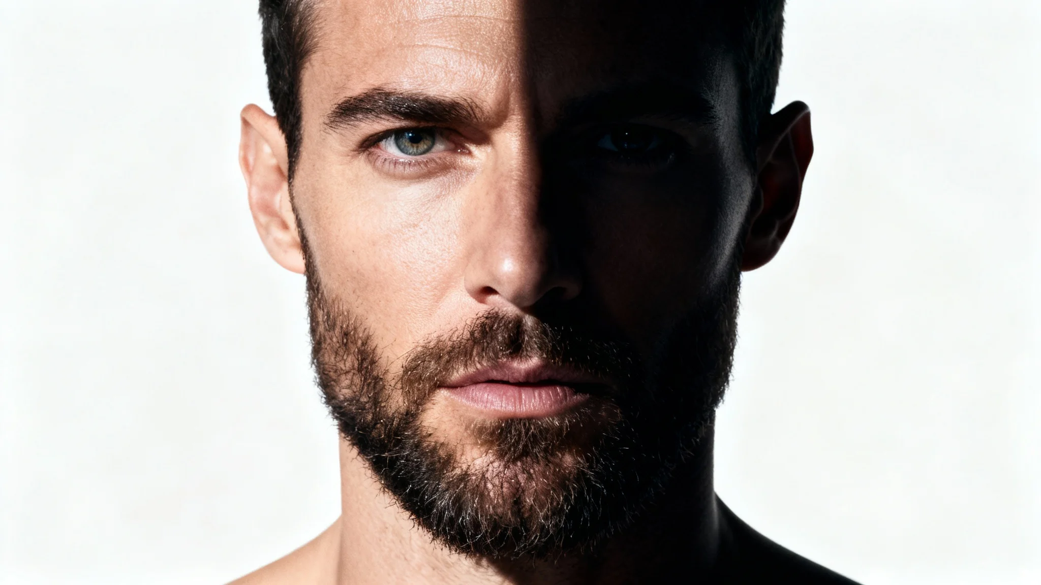 A hyper-realistic studio portrait of a man demonstrating the split lighting technique, with one side of his face brightly lit and the other in deep shadow, against a clean white background.