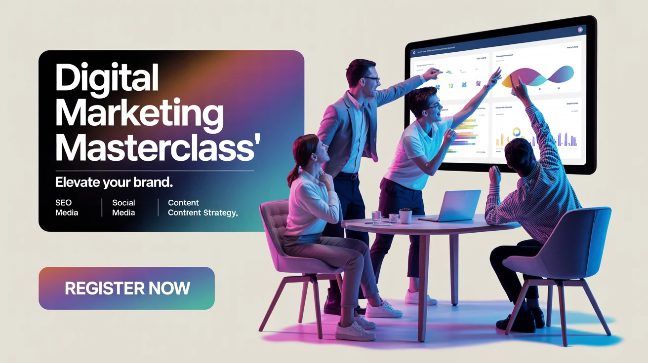 A professionally designed marketing flyer for a digital marketing masterclass, showcasing a modern design with purple and blue gradients and a photo of professionals working together.