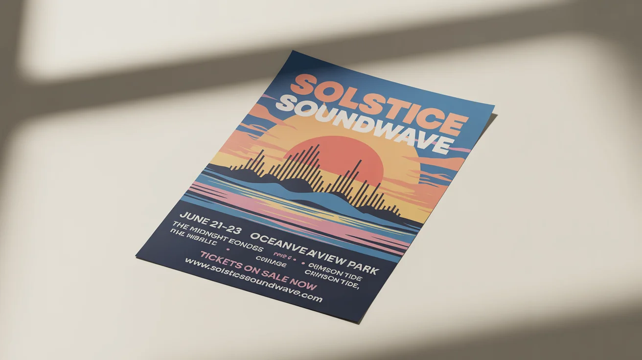 A vibrant marketing flyer mockup for a summer music festival called 'Solstice Soundwave', showing event dates and details on a white background.