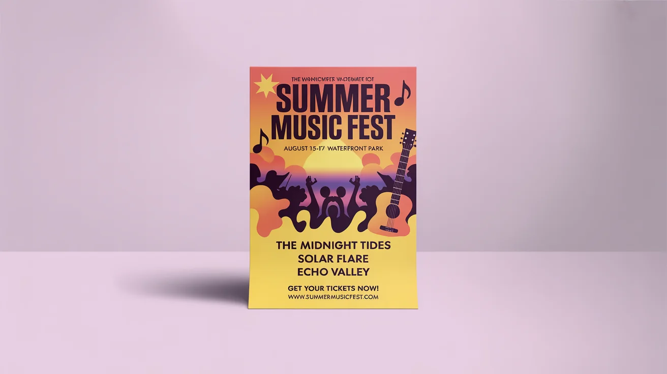 A professional mockup of a vibrant marketing flyer for a 'Summer Music Fest', featuring event details and band names, set against a plain white background.
