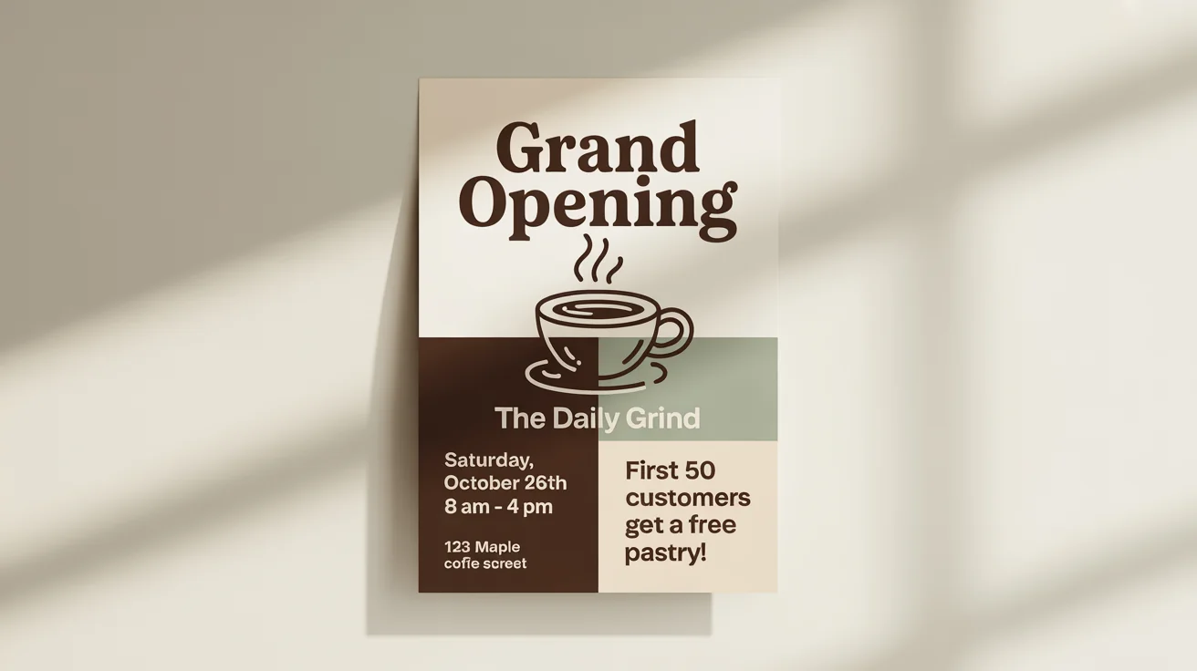 A professionally designed marketing flyer for the grand opening of a coffee shop called 'The Daily Grind', showcased against a plain white background.