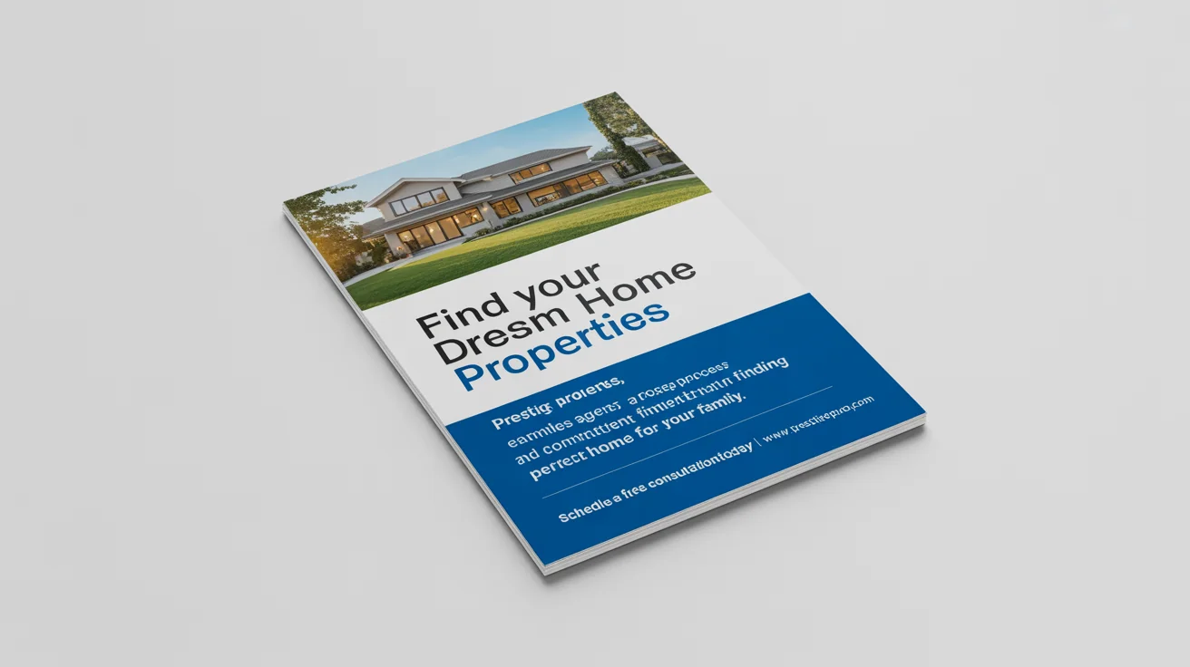 A professional marketing flyer mockup for 'Prestige Properties' real estate agency, featuring a modern house and contact information for a free consultation.