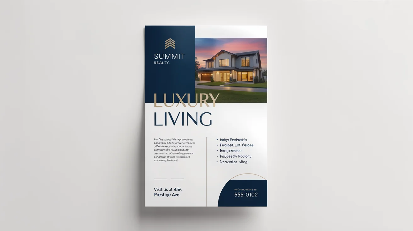 A modern marketing flyer for a luxury real estate agency called 'Summit Realty', showcasing a beautiful modern home and contact details.