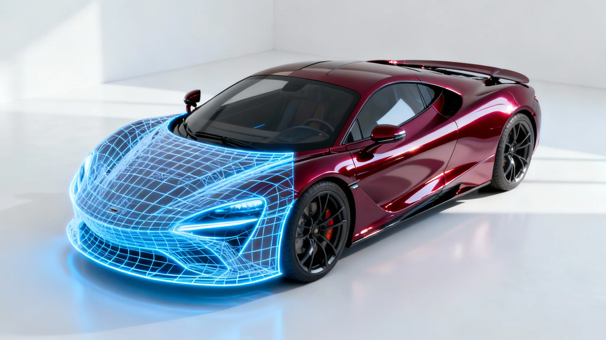 A photorealistic 3D model of a red futuristic sports car, with the front half shown as a blue wireframe and the back half as a solid, glossy object, set against a plain white background.