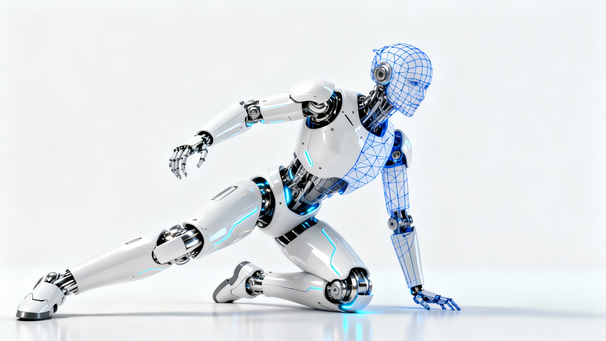 A photorealistic 3D model of a futuristic robot, with one half showing a solid render and the other half showing a blue wireframe mesh, set against a clean white background.