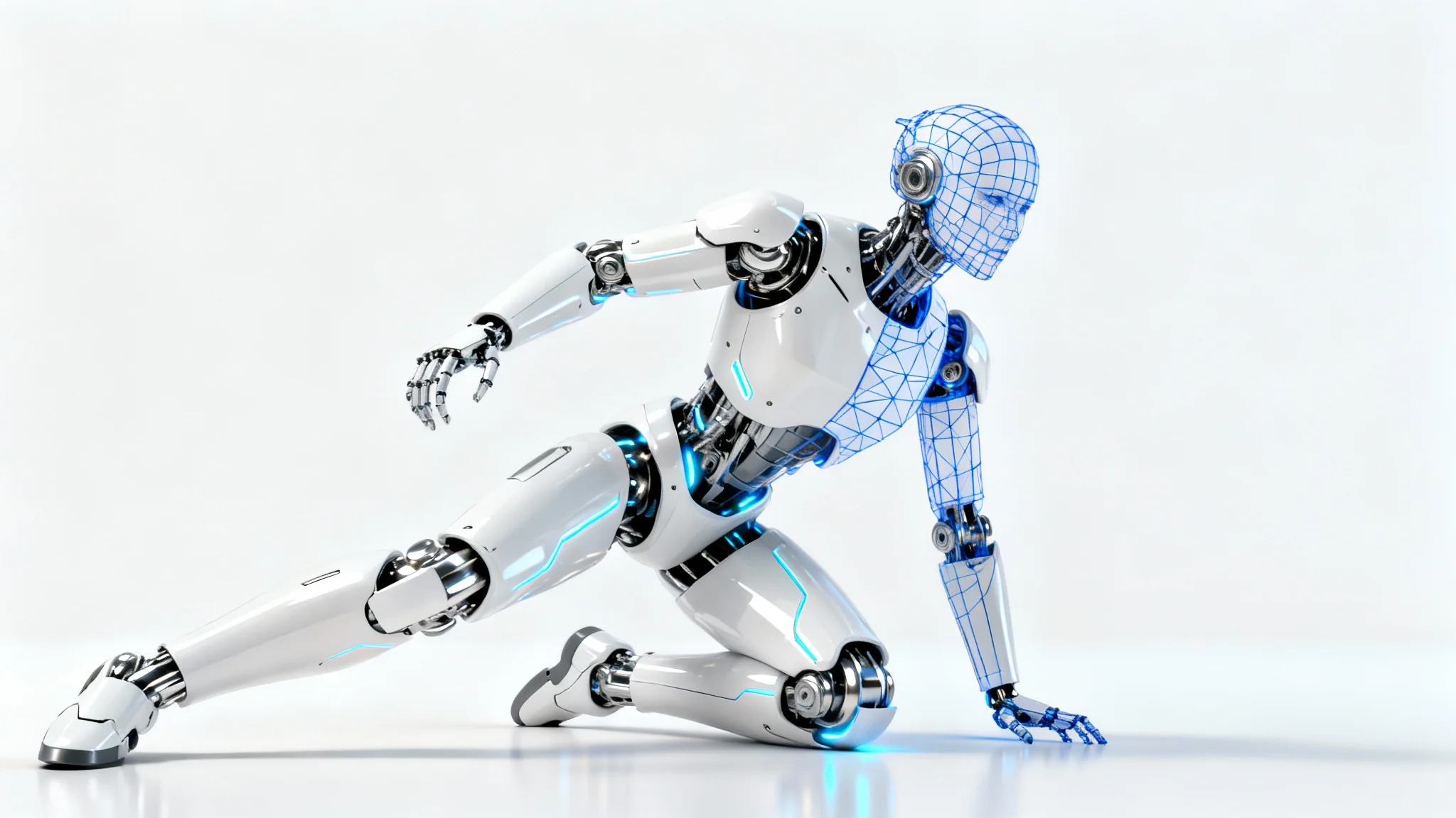 A photorealistic 3D model of a futuristic robot, with one half showing a solid render and the other half showing a blue wireframe mesh, set against a clean white background.