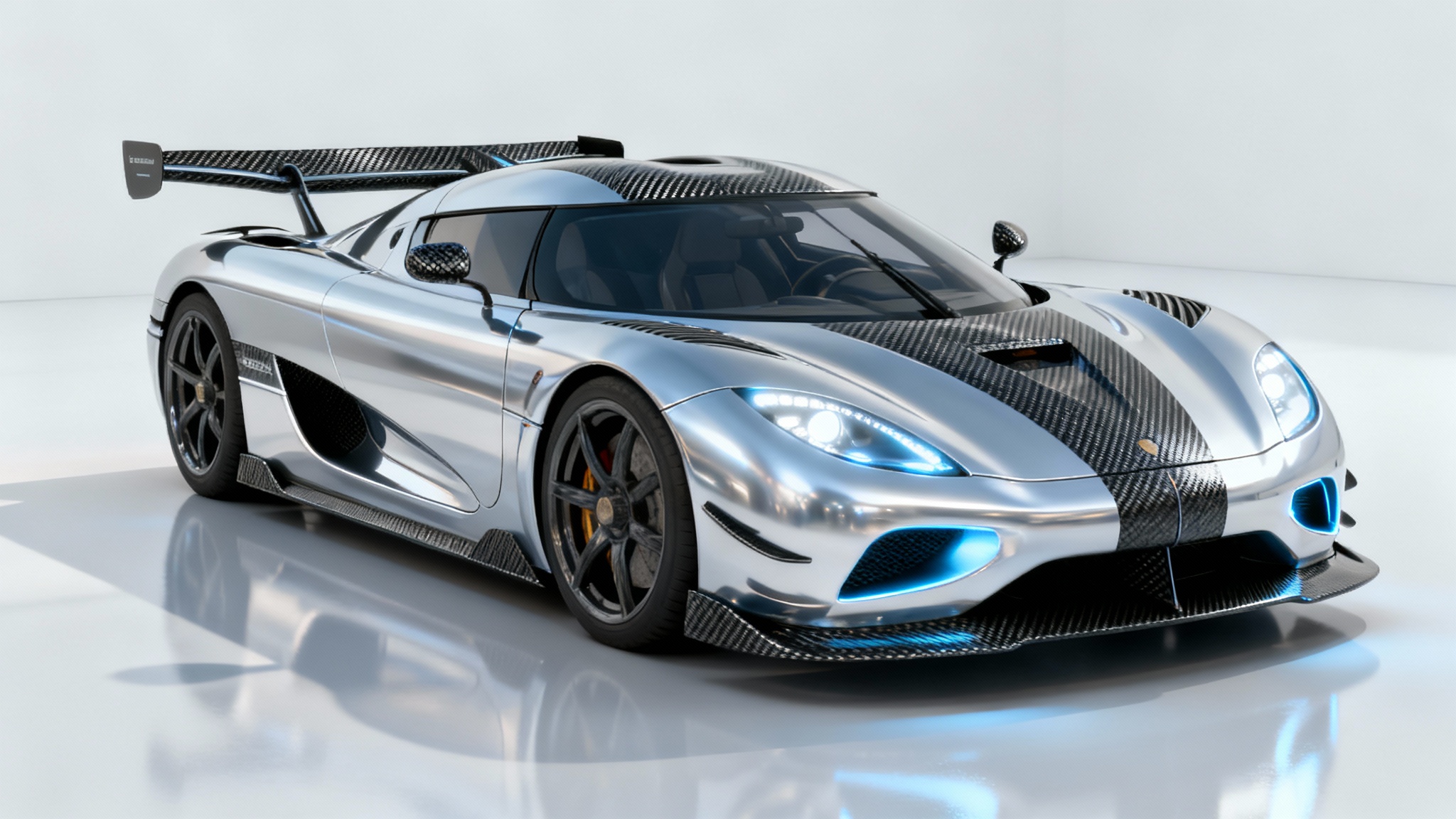 A hyperrealistic 3D model of a futuristic silver sports car with glowing blue lights, displayed in a clean white studio environment.