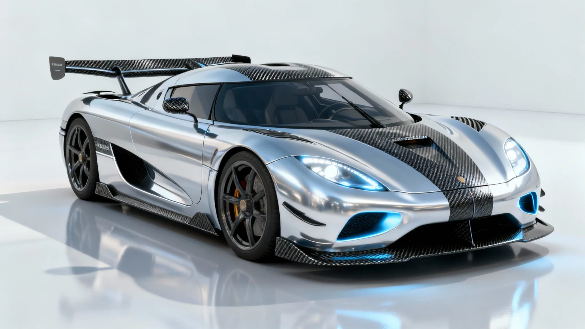 A hyperrealistic 3D model of a futuristic silver sports car with glowing blue lights, displayed in a clean white studio environment.