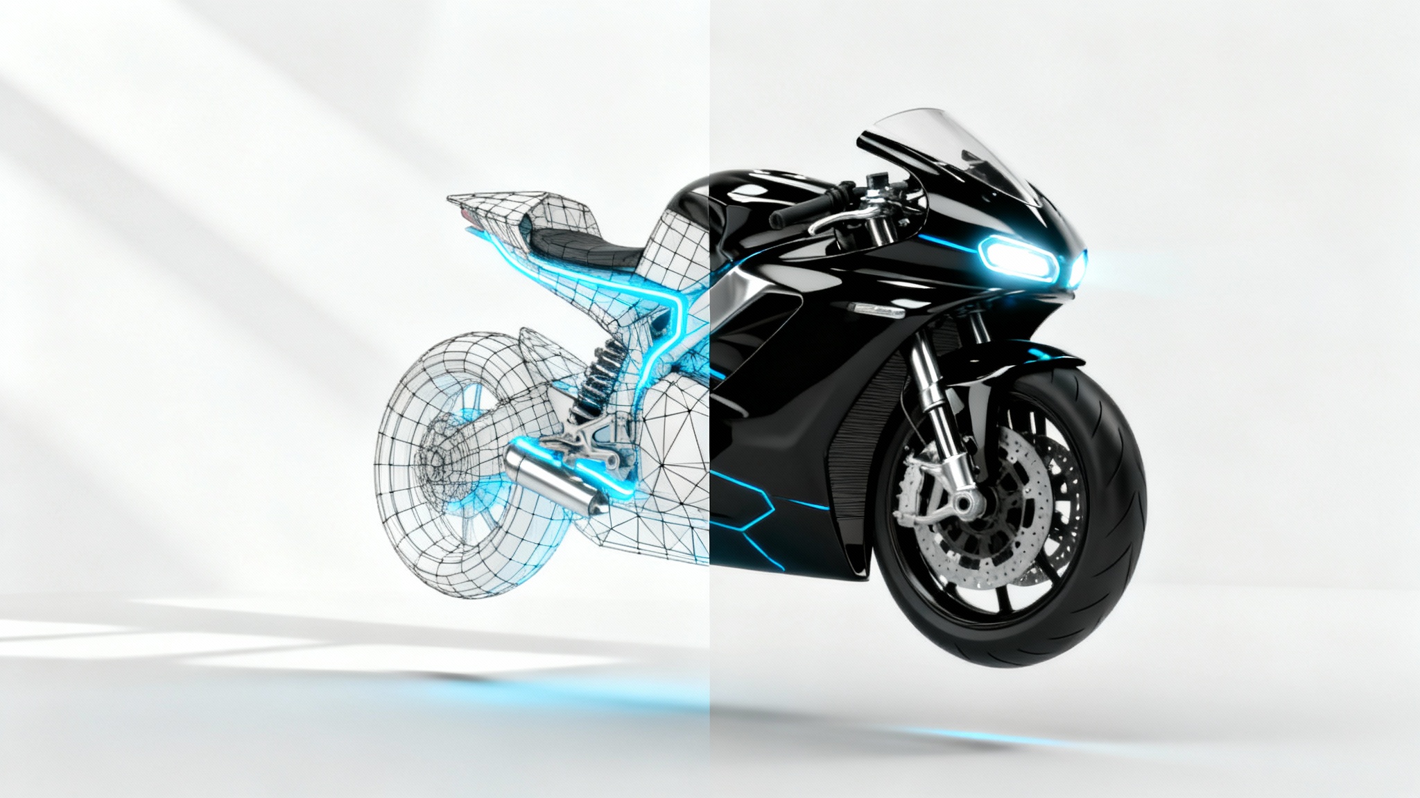 A photorealistic 3D model of a futuristic motorcycle against a white background, with half of it shown as a blue glowing wireframe and the other half fully rendered in glossy black.