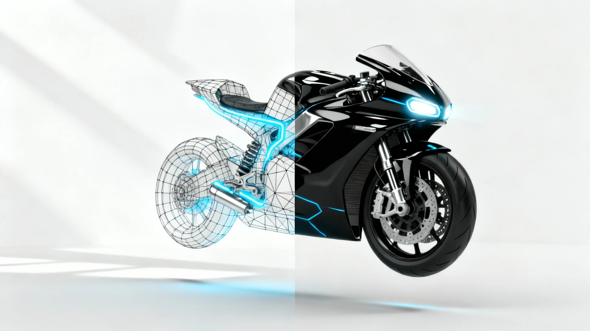 A photorealistic 3D model of a futuristic motorcycle against a white background, with half of it shown as a blue glowing wireframe and the other half fully rendered in glossy black.