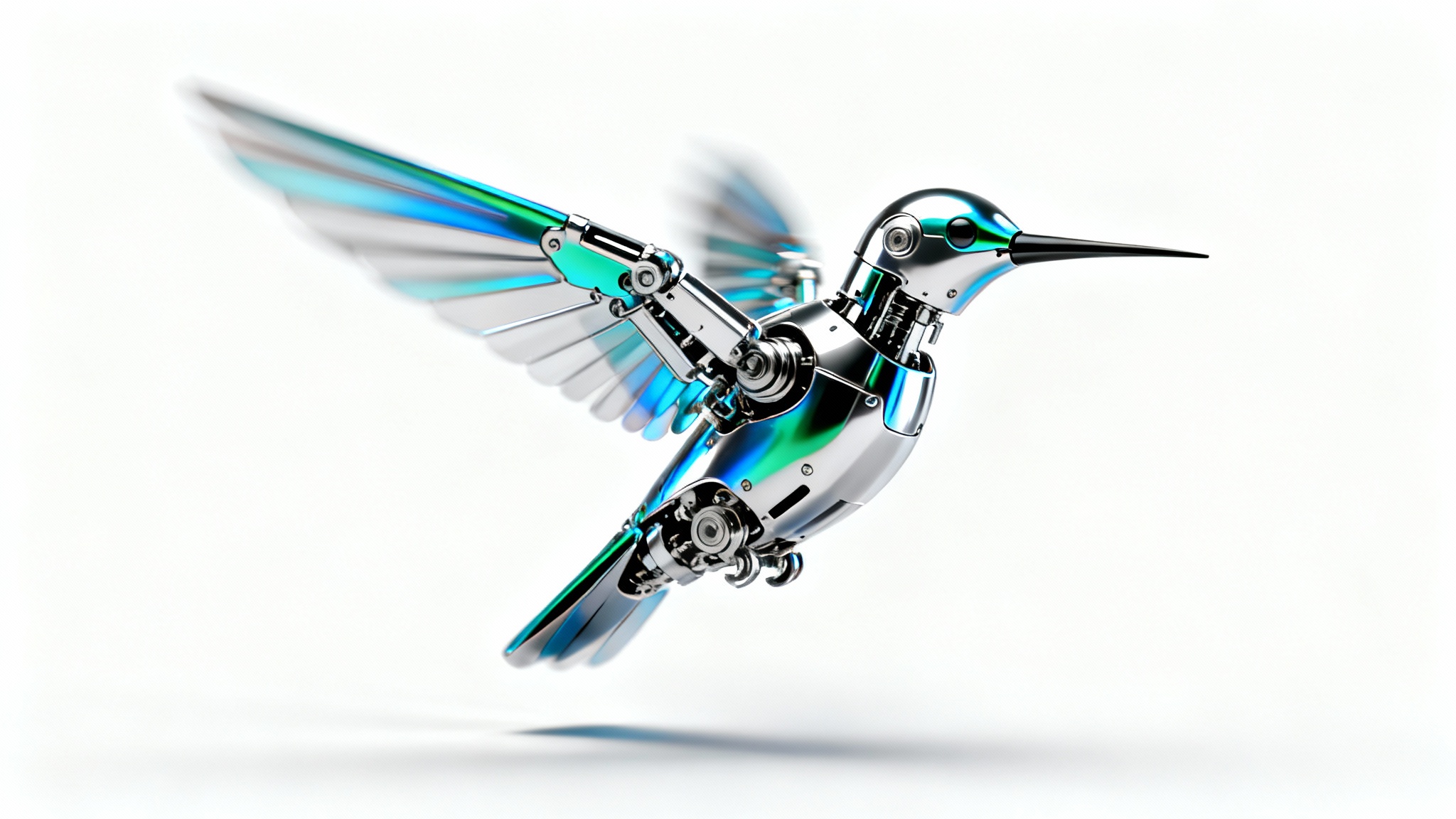 A highly detailed 3D model of a robotic hummingbird with metallic blue and chrome finishes, captured in mid-flight against a solid white background.
