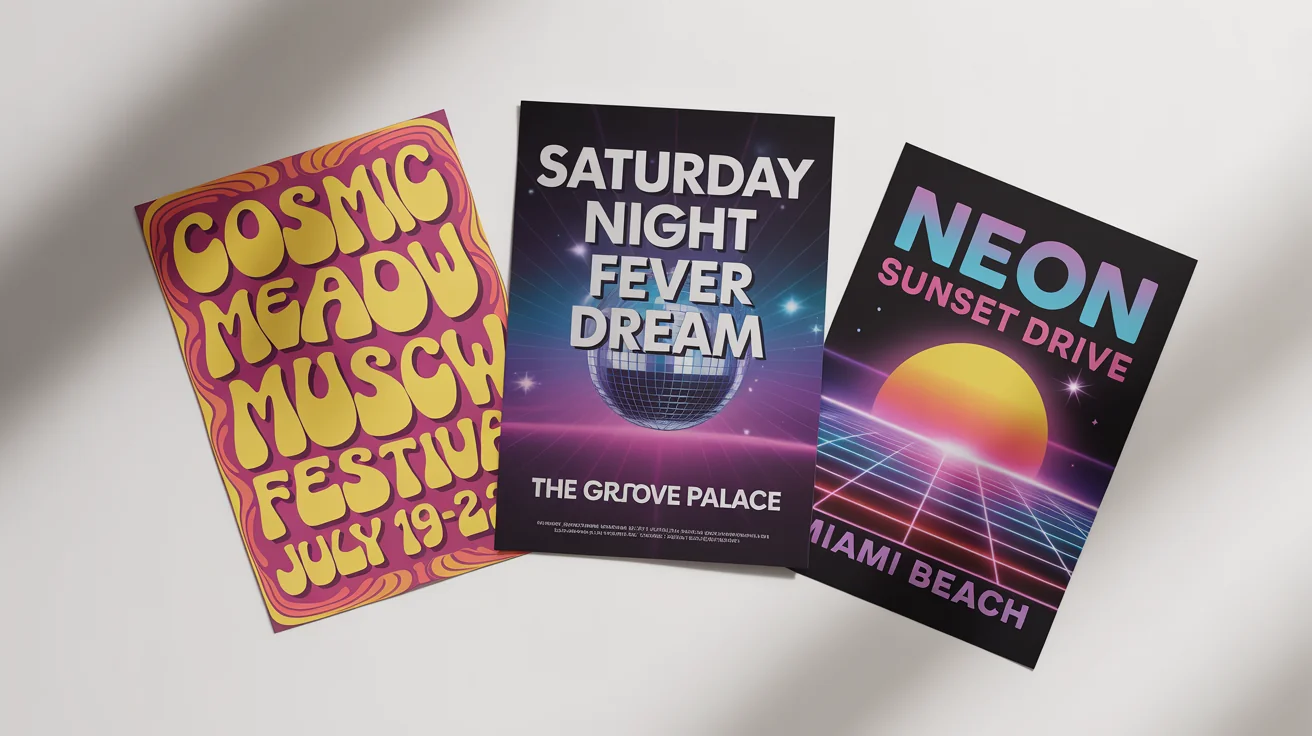 A collection of three vibrant, retro-style event posters from the 60s, 70s, and 80s, arranged in a flat lay on a clean white background.