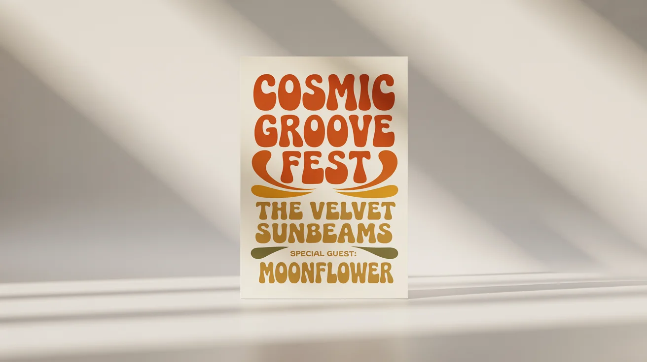 A mockup of a retro-style event poster for a fictional music festival called 'Cosmic Groove Fest', featuring bold colors and 1970s-inspired typography on a white background.
