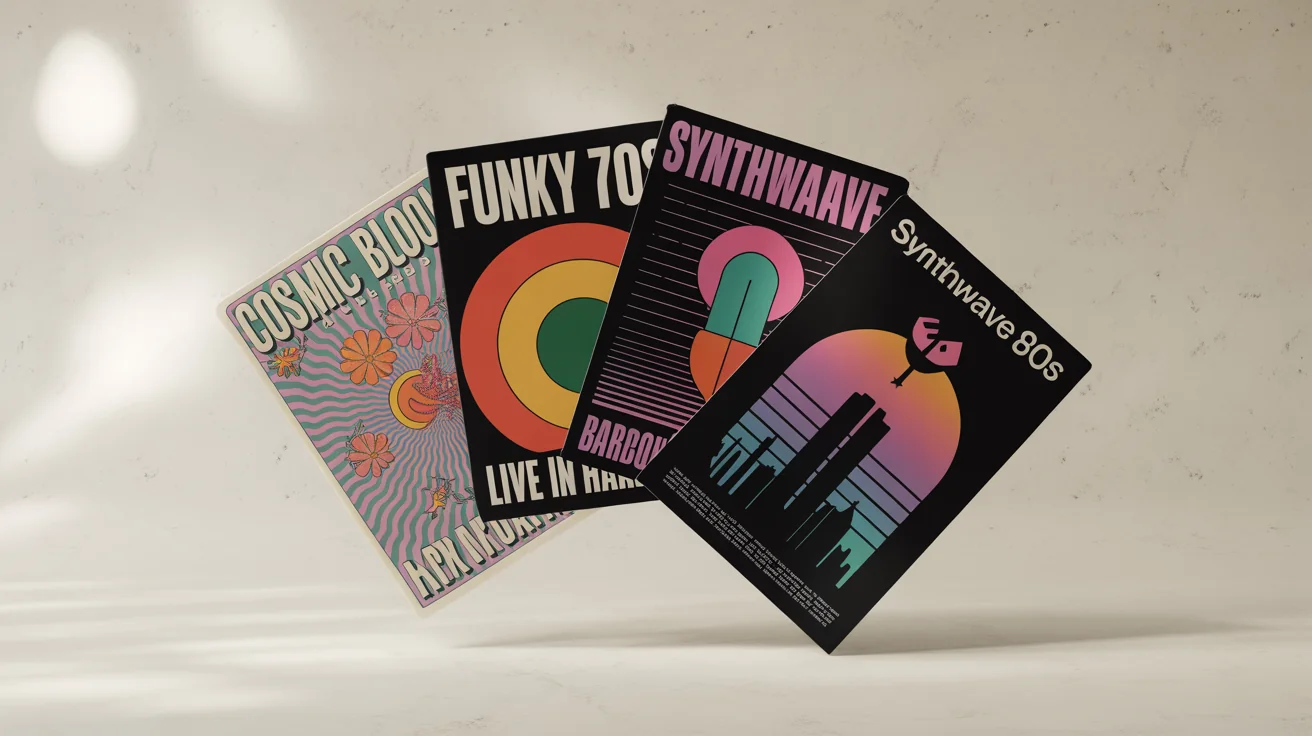 A vibrant collection of four different retro-style posters for events and marketing, displayed in a clean mockup against a white background.