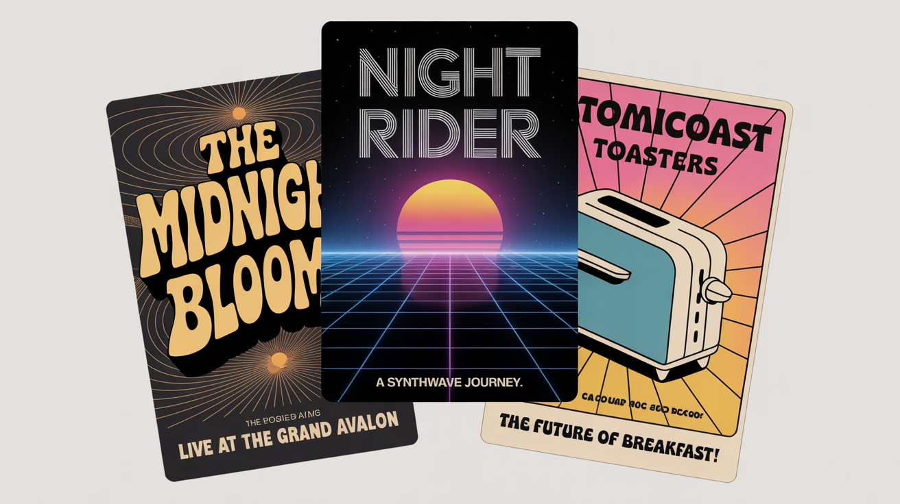 A mockup of three different retro-style posters on a white background. One is a 70s psychedelic rock poster for 'The Midnight Bloom', the second is an 80s synthwave poster for 'NIGHT RIDER', and the third is a 50s ad for 'ATOMICOAST Toasters'.