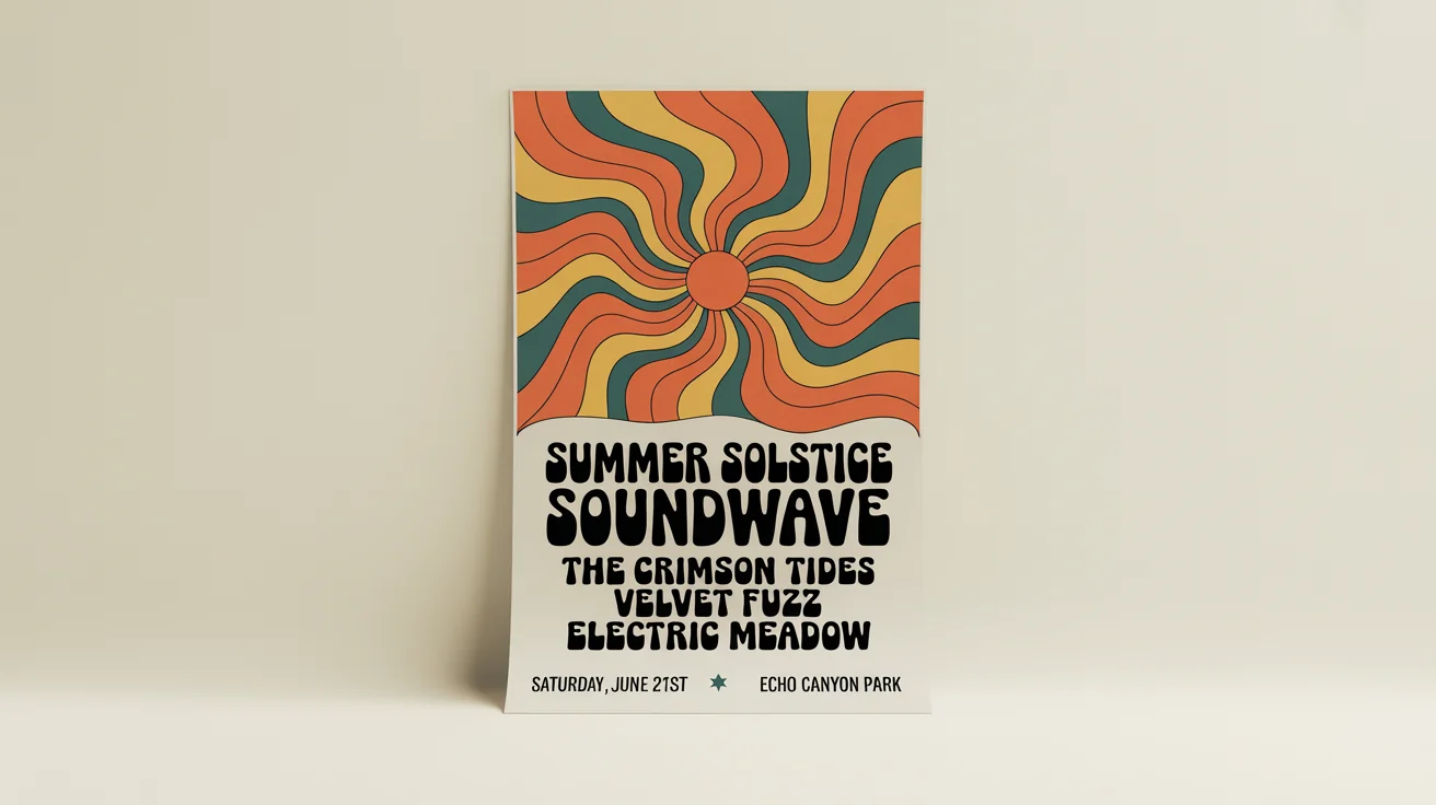 A mockup of a retro poster for a fictional music event called 'Summer Solstice Soundwave.' The poster uses a 70s psychedelic style with vibrant colors and groovy text, displayed against a plain white background.
